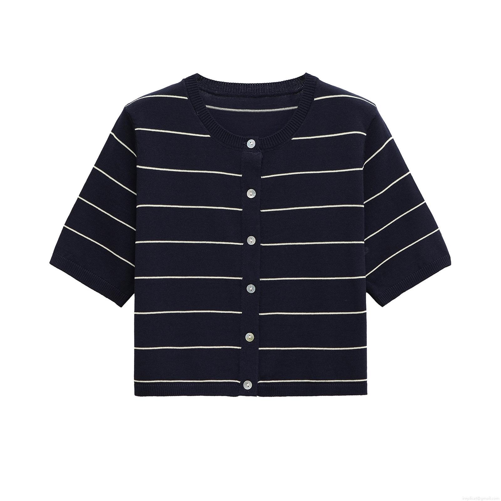 Women's Summer Short Sleeve Striped Knit Cardigan Top Chic Button Down Lapel Collar Polyester Spandex Lightweight Commuting Sweater For Women