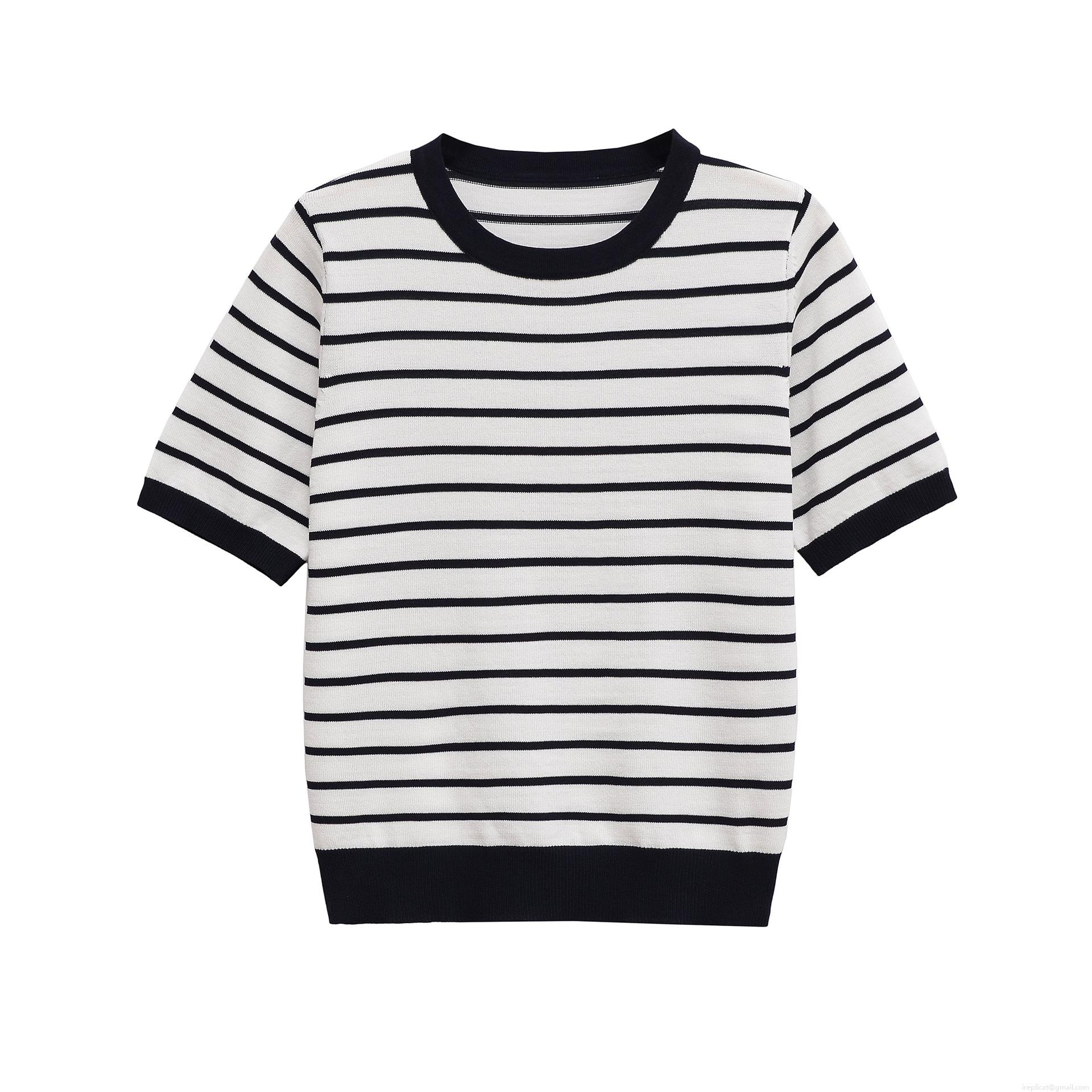 Women's Summer Casual Striped Knit Top Short Sleeve Round Neck Polyester Pullover T-Shirt For Women Daily Fashion Soft Breathable Striped Tee