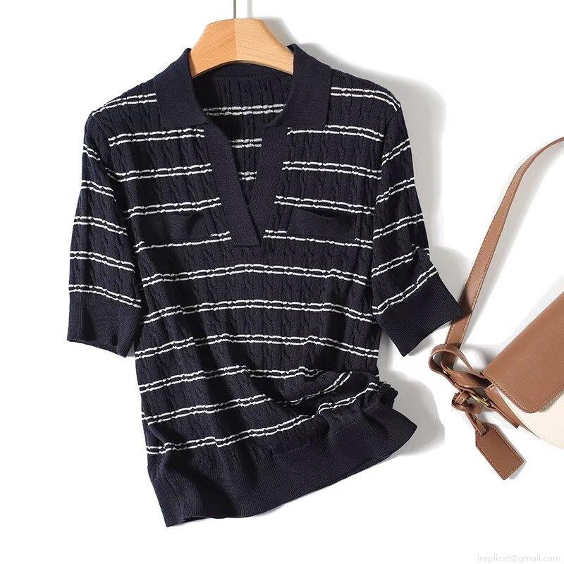 Women's Striped Cable Knit Polo Shirt Short Sleeve V-Neck Navy Blue White Contrast Casual Commute Summer Knitwear Top