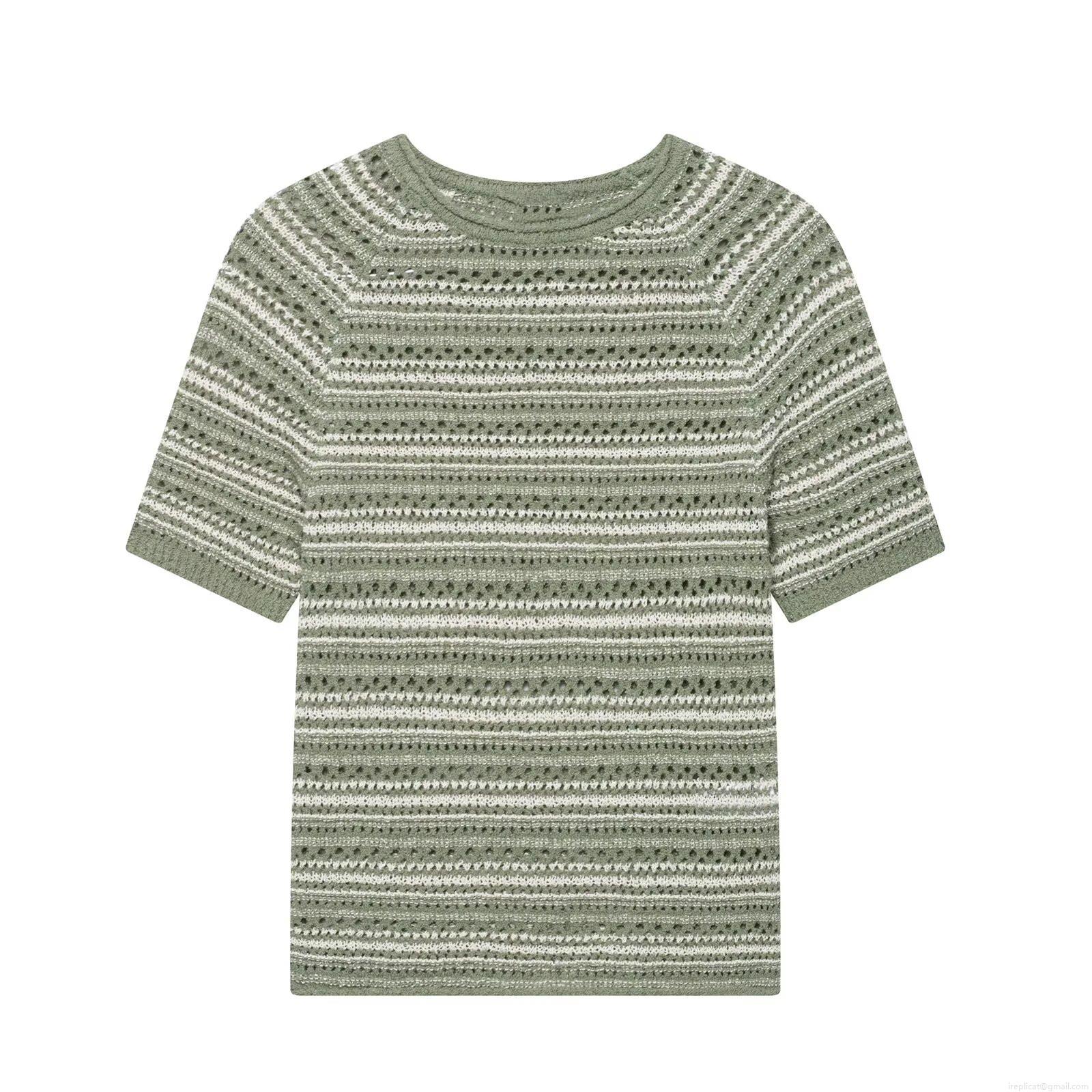 Women's Slim Fit Striped Knit T-Shirt Summer Short Sleeve Round Neck Hollow Out Crochet Top Sage Green White Striped Casual Pullover Clothing