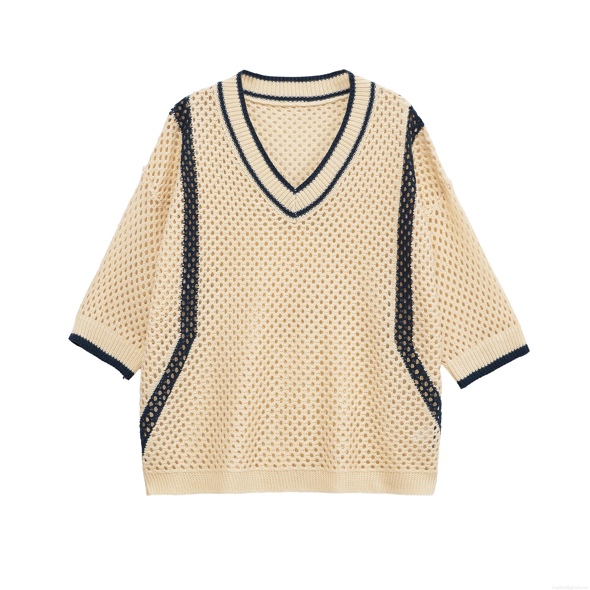 Women's Knitted Hollow Out T-Shirt V-Neck Contrast Stripe Breathable Casual Loose Top Summer Short Sleeve Knitwear Pullover