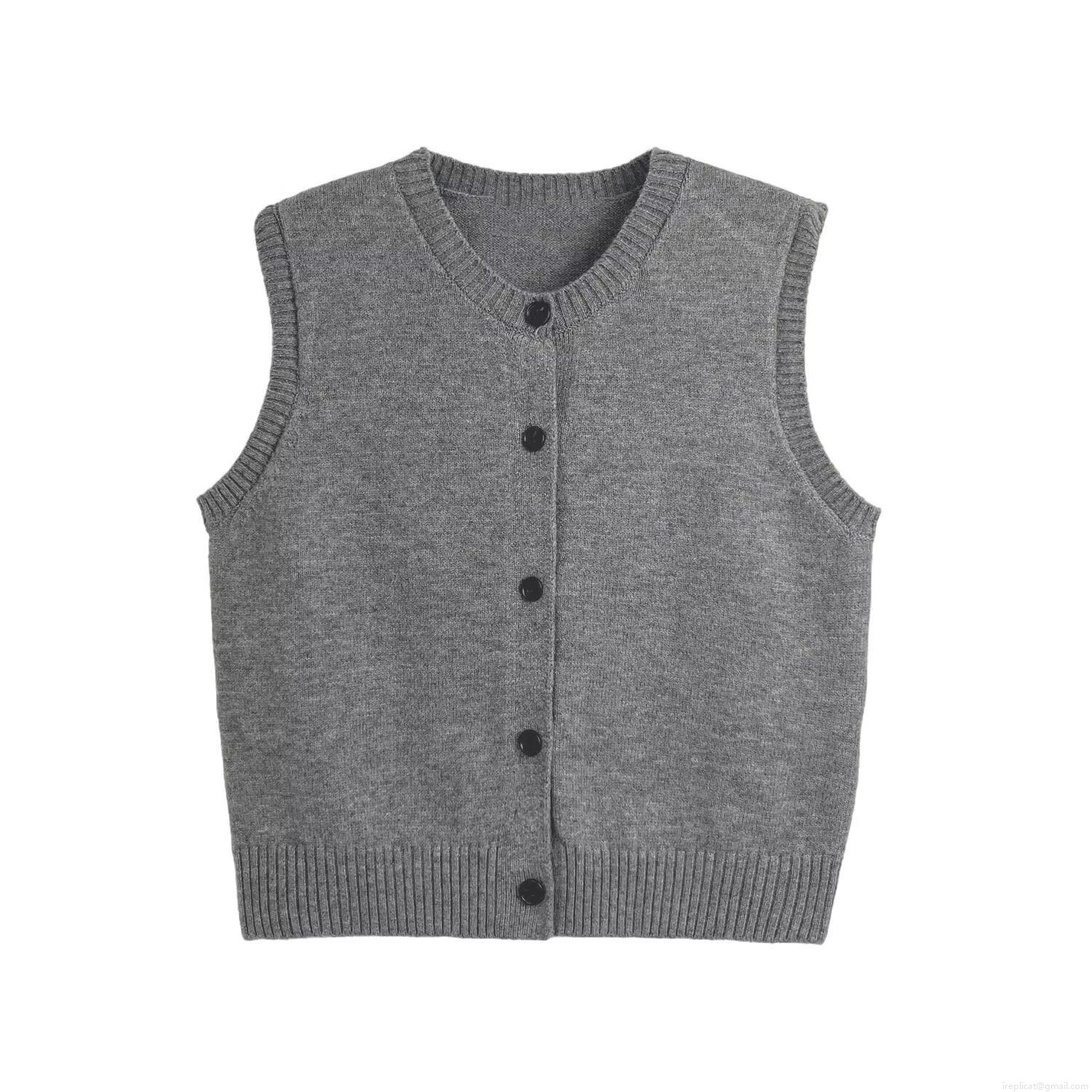 Women Knitted Vest Soft Solid Color Single Breasted Button Round Neck Ribbed Trim Sleeveless Knitwear Autumn Casual Sweater Tank Top For Ladies