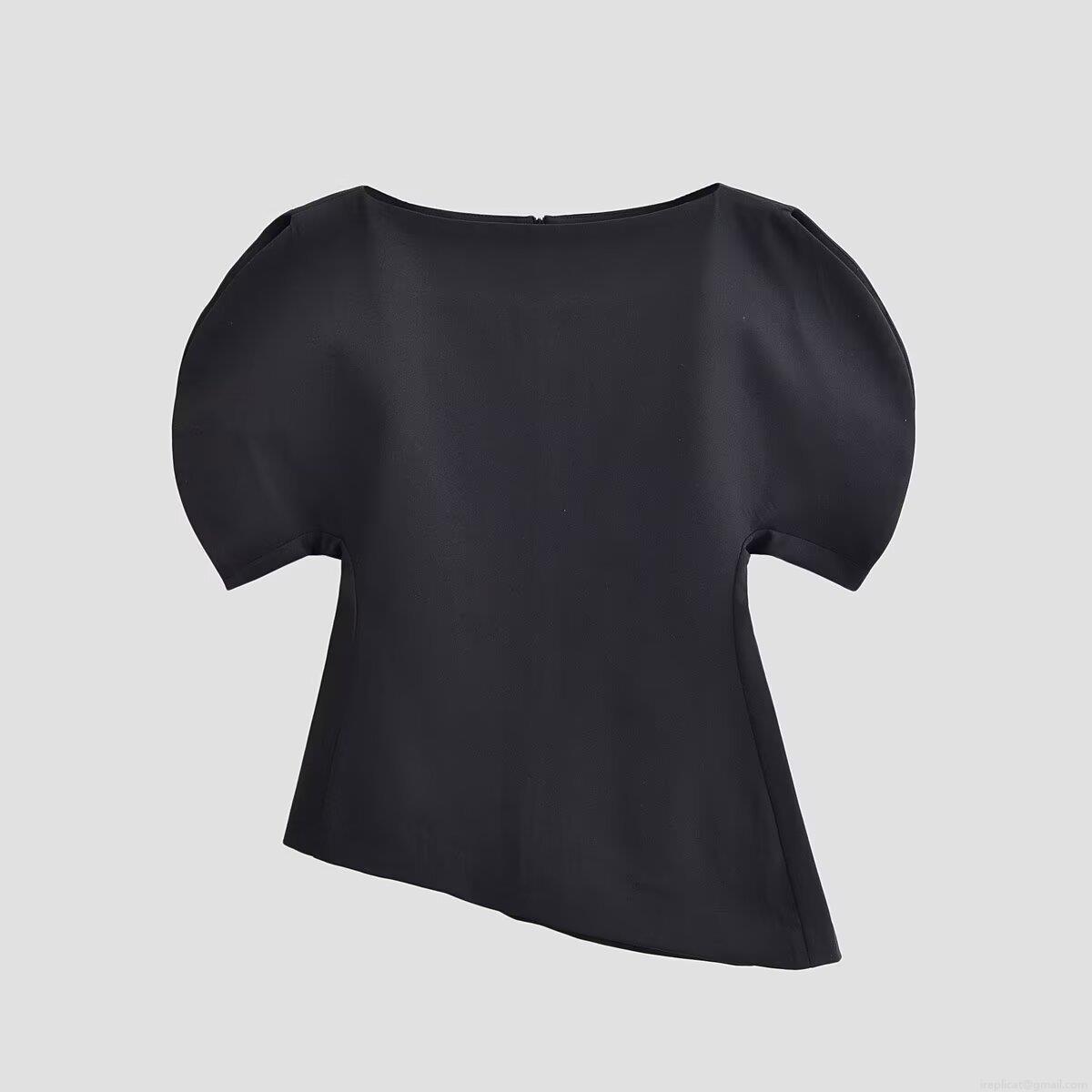 Women Fashion Black Puff Short Sleeve Top Elegant Asymmetric Hem Invisible Zipper Boat Neck 100% Polyester Blouse Casual Streetwear Tee For Women