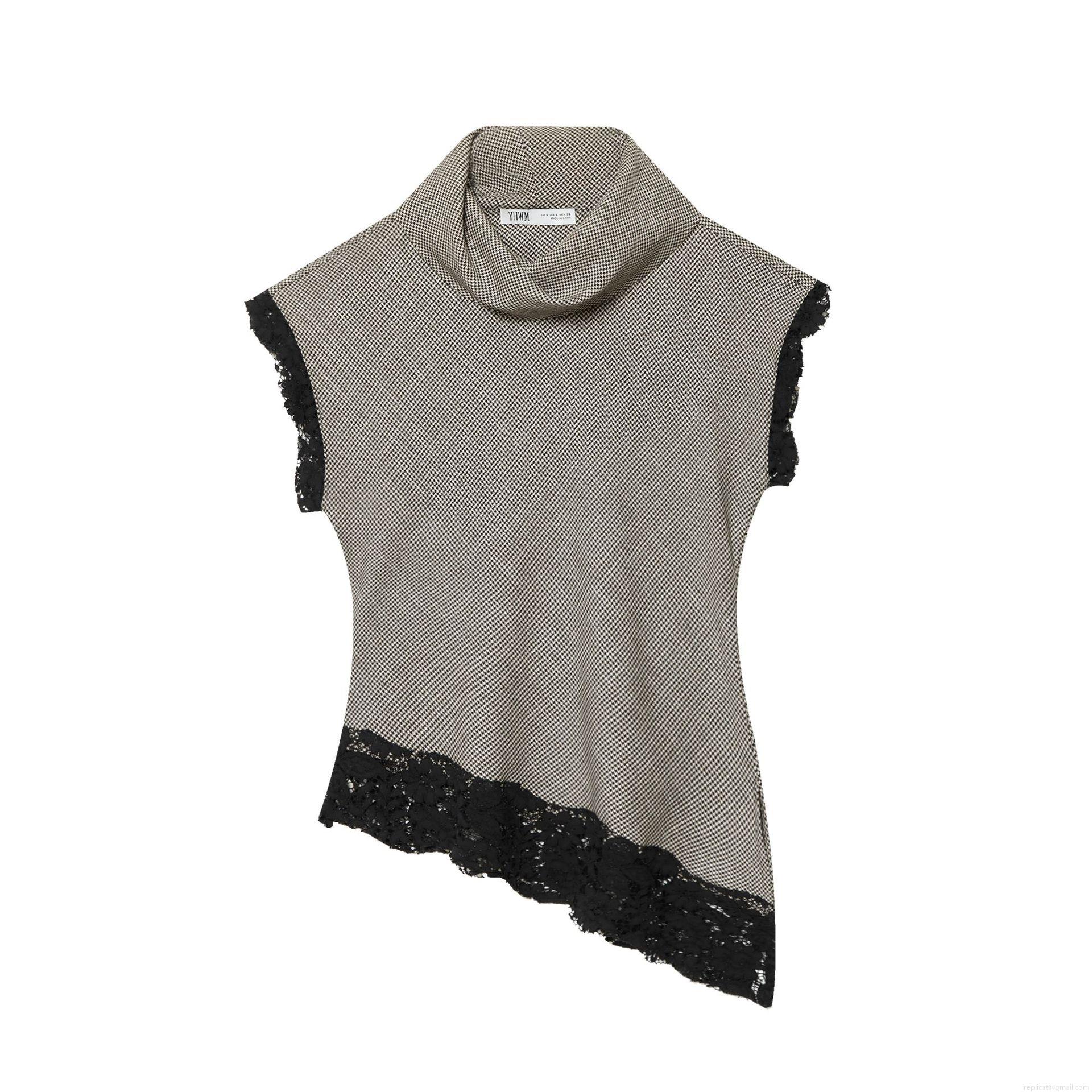 Women's Sleeveless Houndstooth T-Shirt Mock Neck Top With Black Lace Trim Asymmetrical Hem Polyester Blouse Casual Streetwear For Ladies