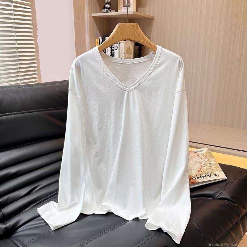 Women's V Neck Long Sleeve T-Shirt 95% Cotton 5% Spandex Knit Pullover Loose Fit Casual Minimalist Daily Basic Tee Top For Autumn Winter