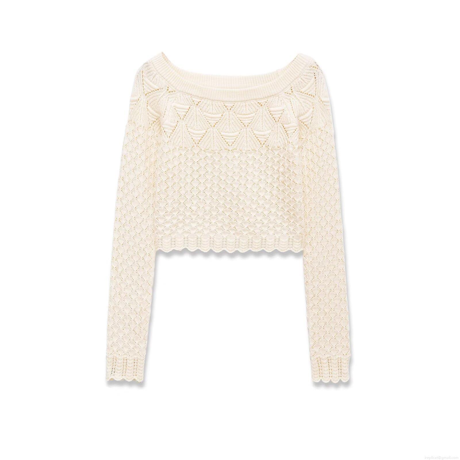 Women Sexy Hollow Out Knit Top Long Sleeve Round Neck Scalloped Edge Crochet Crop Top Bohemian Casual Pullover Sweater For Spring Fall Apricot