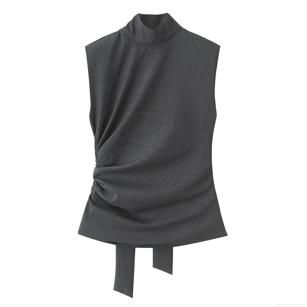 Women's Elegant Mock Neck Sleeveless Pleated Top Slim Fit Solid Color Polyester Spandex Blouse With Shoulder Pads For Autumn Commuting
