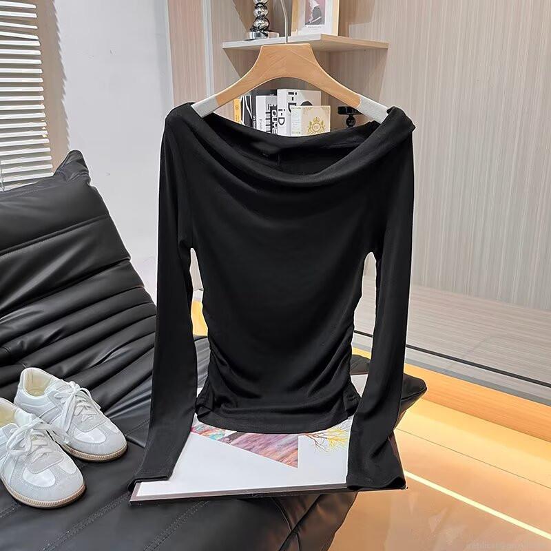 Women's Chic Off-The-Shoulder Long Sleeve T-Shirt Cotton Blend Ruched Slim Fit Knit Top Solid Color Sexy Casual Blouse For Fall Winter
