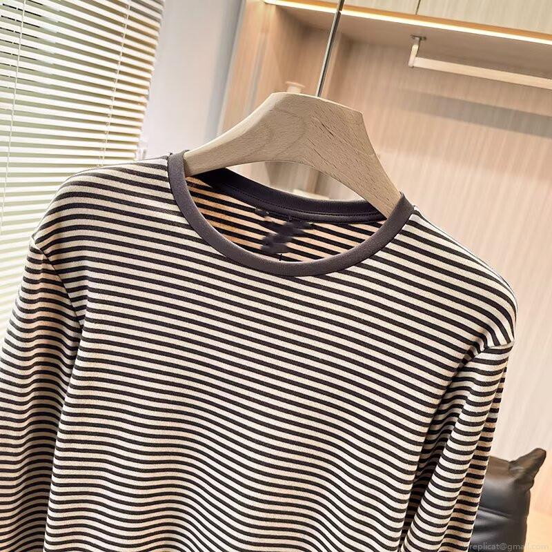 Women's Striped T-Shirt Cotton Spandex Blend Long Sleeve Round Neck Slim Fit Knitted Casual Base Layer Top for Daily Wear Autumn Winter