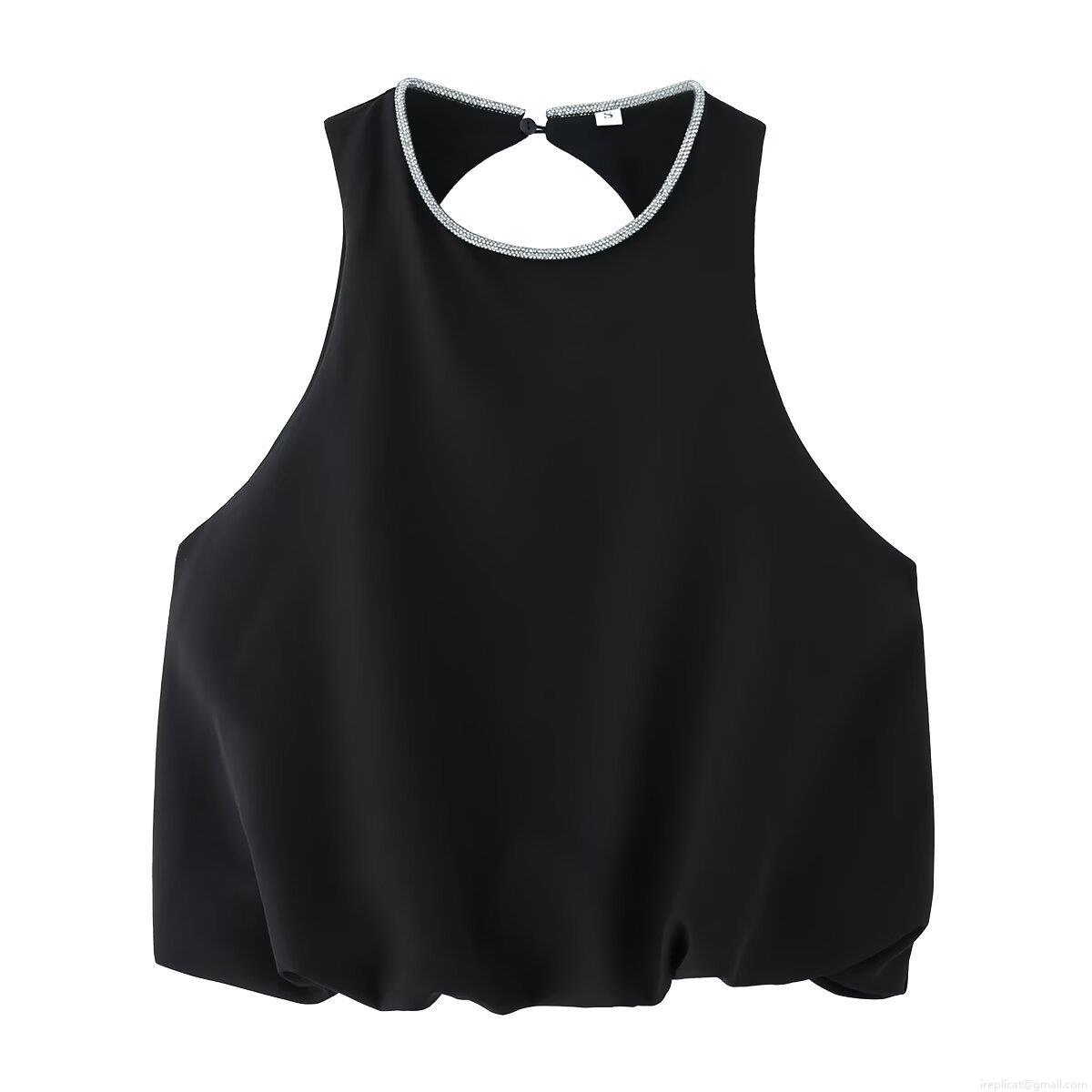 Women's Fashion Backless Round Neck Rhinestone Beaded Sleeveless Top Elegant Black Polyester Spandex Small Puff Tank Top For Party Clubwear Summer Sleeveless T-Shirt