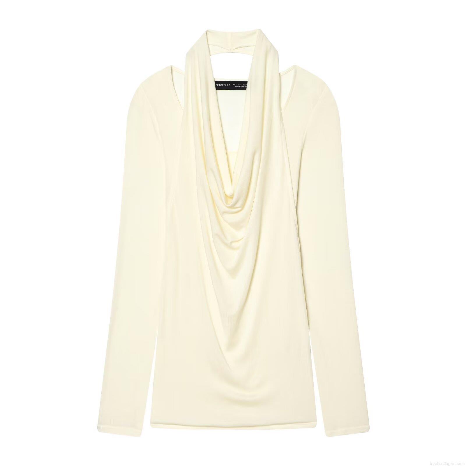 Women's Cutout Draped Neck Long Sleeve Knit Top Creamy White Slim Fit Ribbed T-Shirt Streetwear Casual Spring Autumn Soft Solid Color Pullover For Ladies