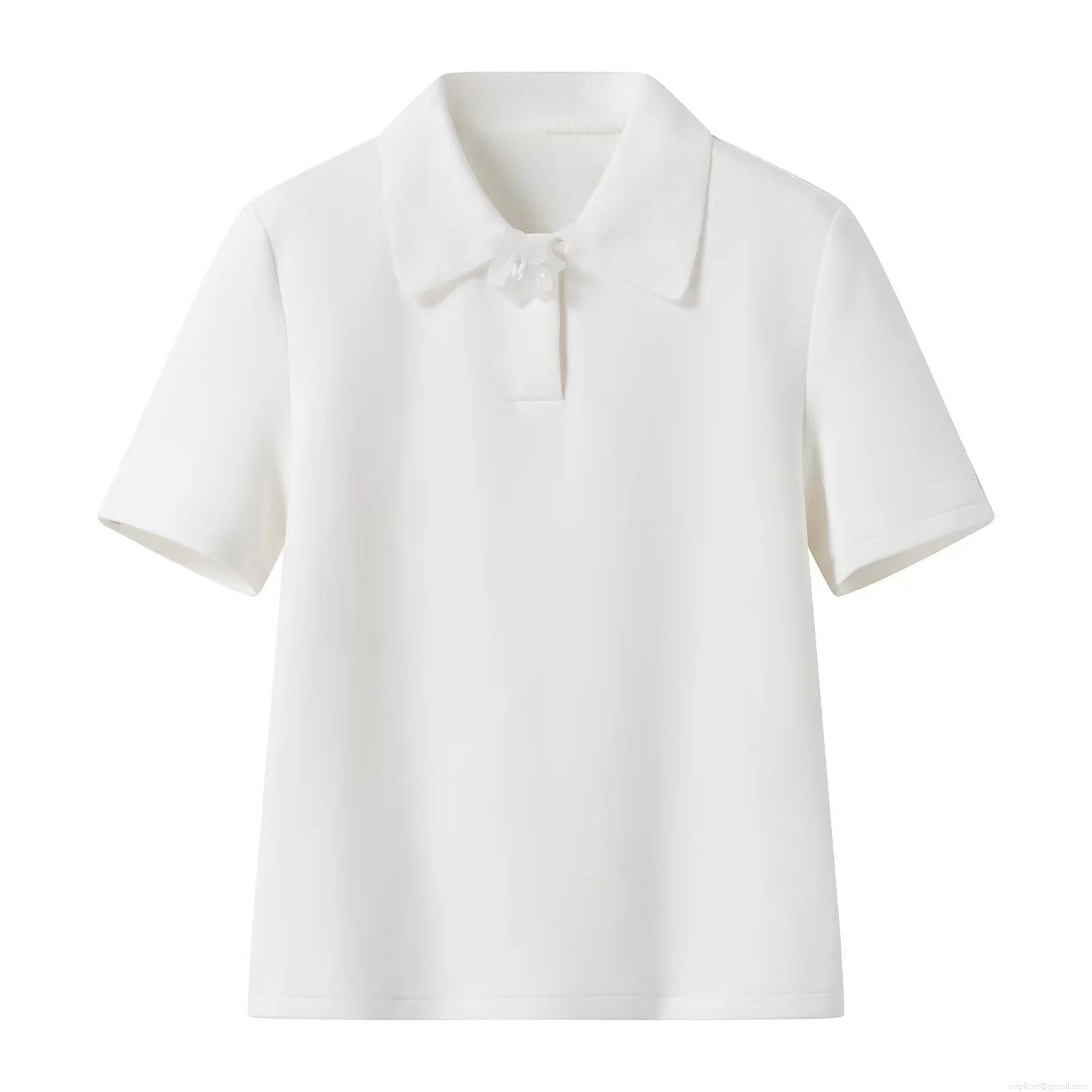 Women's French Style Elegant White Knitted Polo Shirt With 3D Flower Decor Short Sleeve Loose Fit Casual Top For Summer Daily Wear