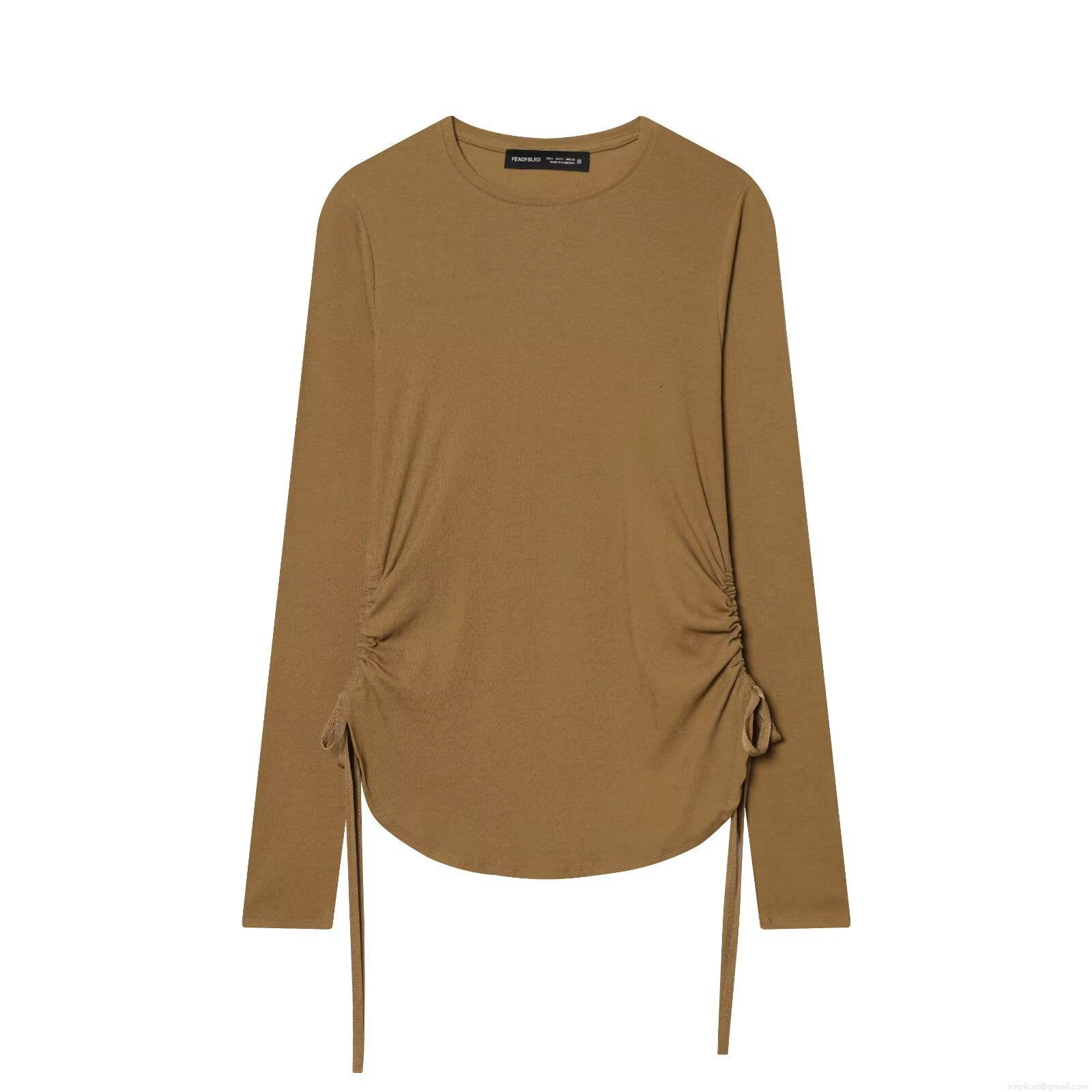 Women's Casual Long Sleeve T-Shirt Side Drawstring Ruched Knit Ribbed Top Slim Fit Solid Color Autumn Fashion Tee For Women Streetwear Base Layer