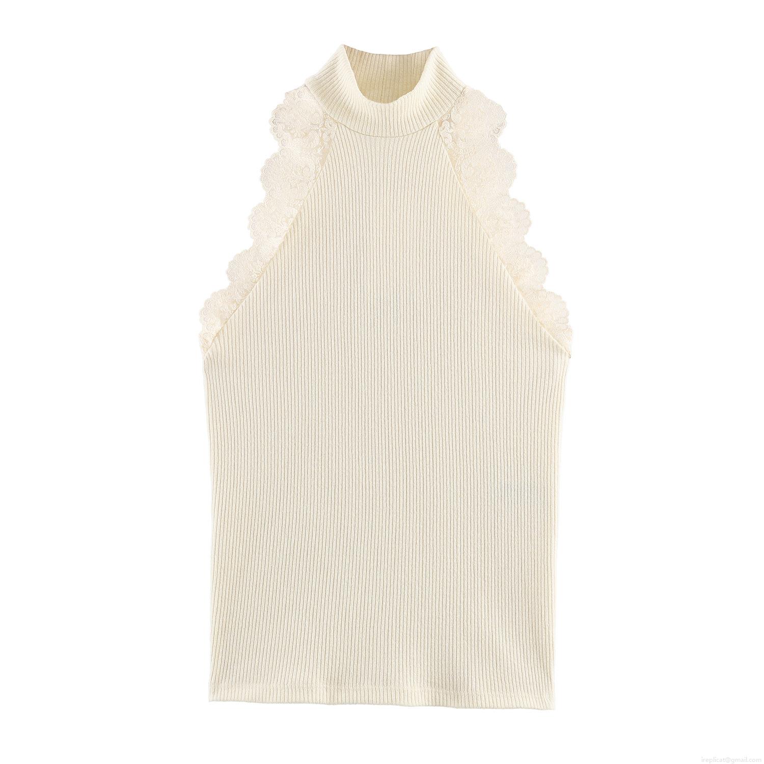 Women's Sleeveless T-Shirt Mock Neck Lace Trim Ribbed Knit Slim Fit Top Casual Solid Color Polyester Tank For Women Fashion Summer Vest