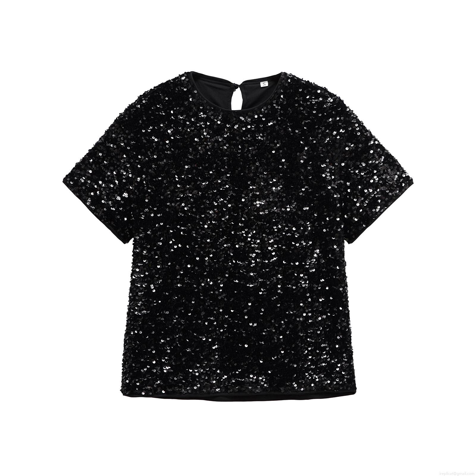 Women Shiny Sequin T-Shirt Sparkly Short Sleeve Crew Neck Loose Fit Party Clubwear Top Blouse Polyester Sparkling Casual Streetwear Tee For Ladies