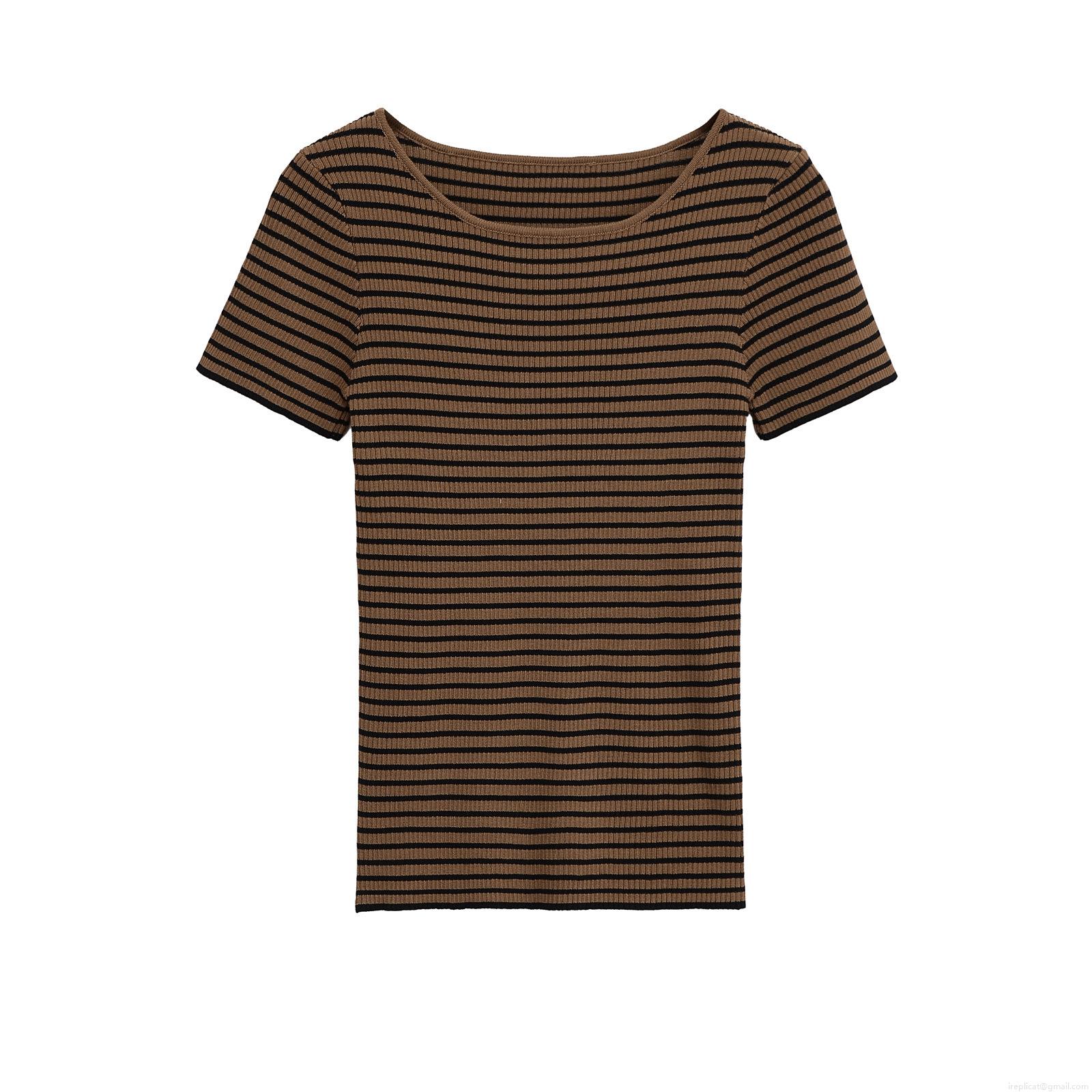 Women Round Neck Short Sleeve Striped T-Shirt Casual Mercerized Cotton Rib Knit Slim Fit Tee Top For Summer Streetwear Khaki Black Retro Style Elastic Breathable Women's Top