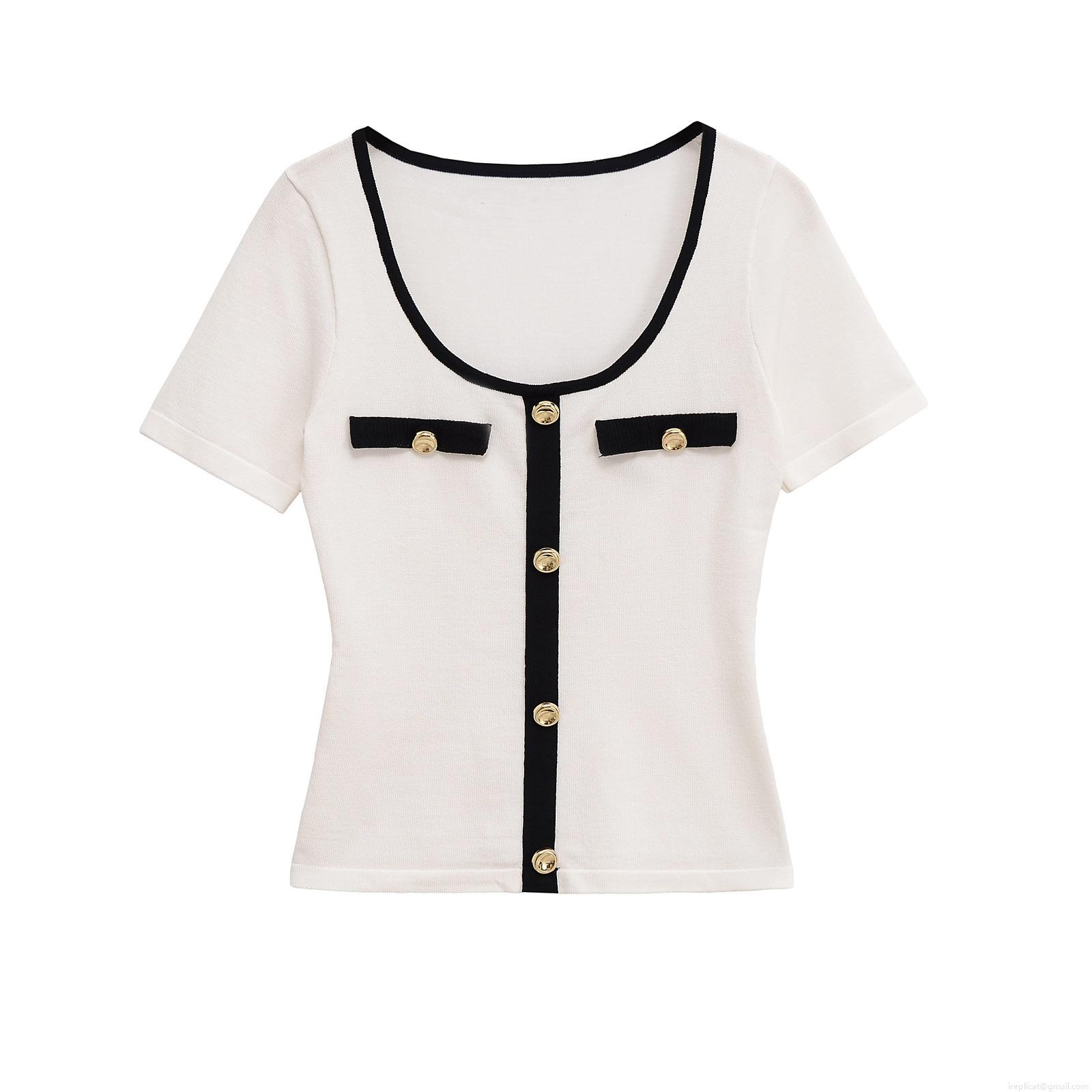 French Style Contrast Trim Knit T-Shirt Elegant Mercerized Cotton Short Sleeve Top With Gold Buttons Slim Fit Casual Round Neck Women Clothing
