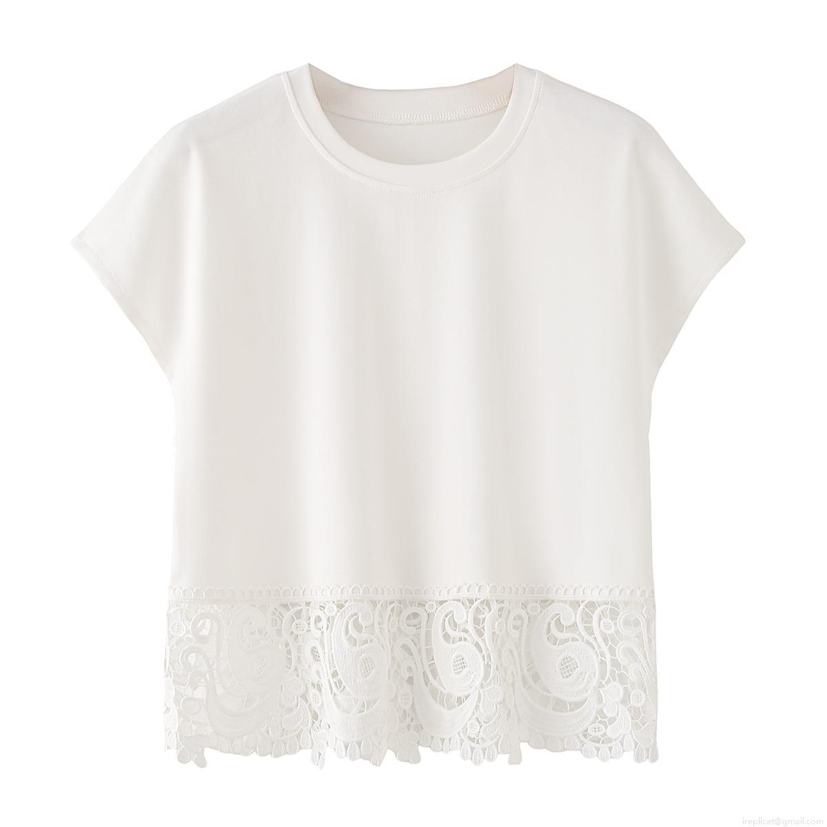 Women's 100% Cotton Short Sleeve T-Shirt Casual Round Neck Loose Top With Crochet Lace Patchwork Hem White Streetwear Tee