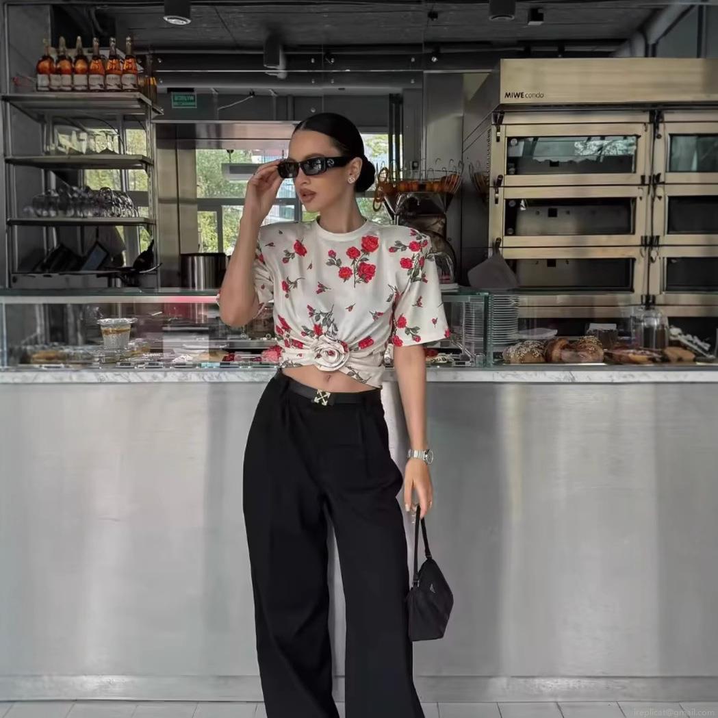 Women's Red Rose Floral Print Crop T-Shirt With 3D Flower Knot Padded Shoulder Round Neck Short Sleeve Slim Fit Streetwear Casual Tee Top