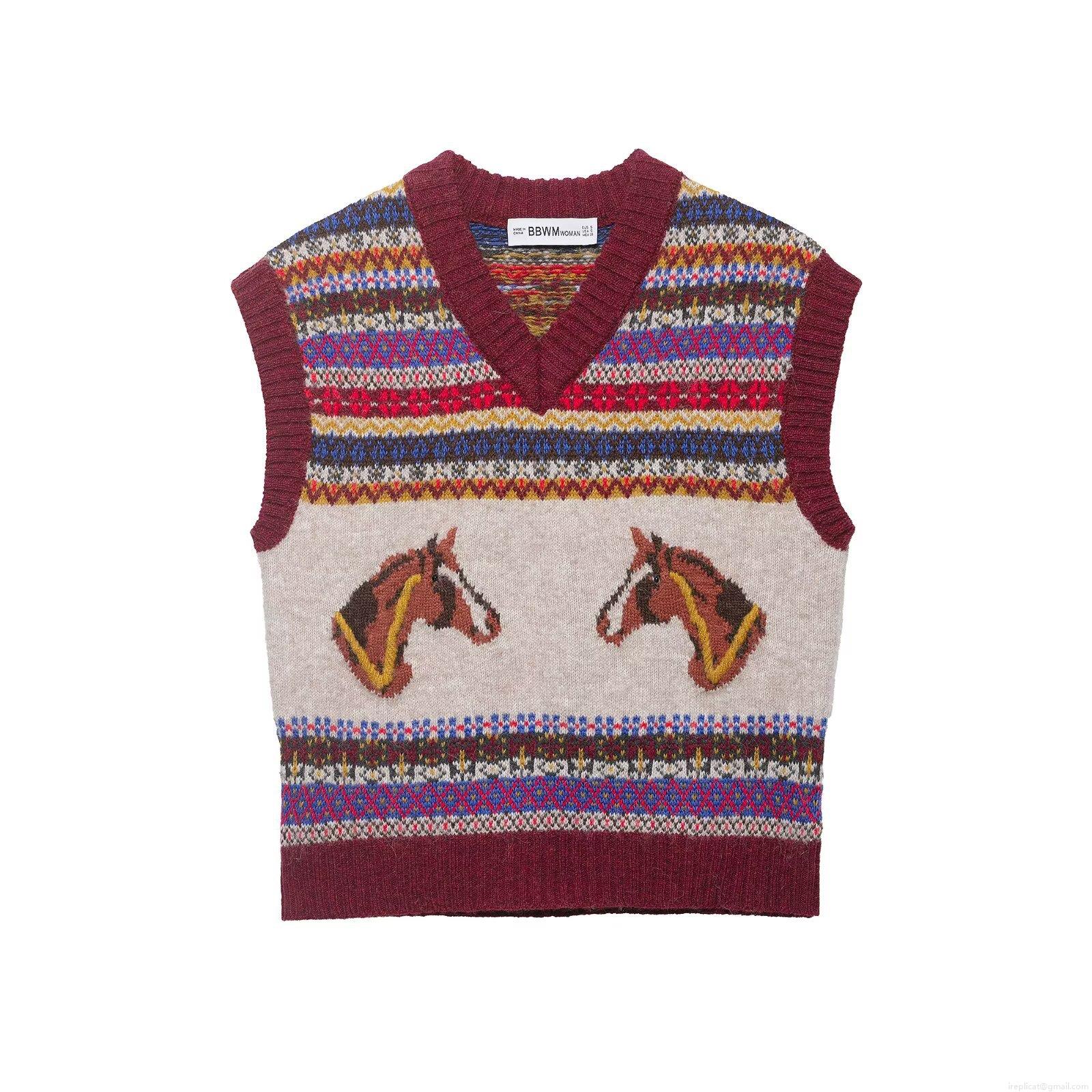 Women's Vintage Fair Isle Knit Sweater Vest Elegant V-Neck Sleeveless Horse Pattern Pullover Top 100% Polyester Knitted Waistcoat For Spring Autumn Daily Casual