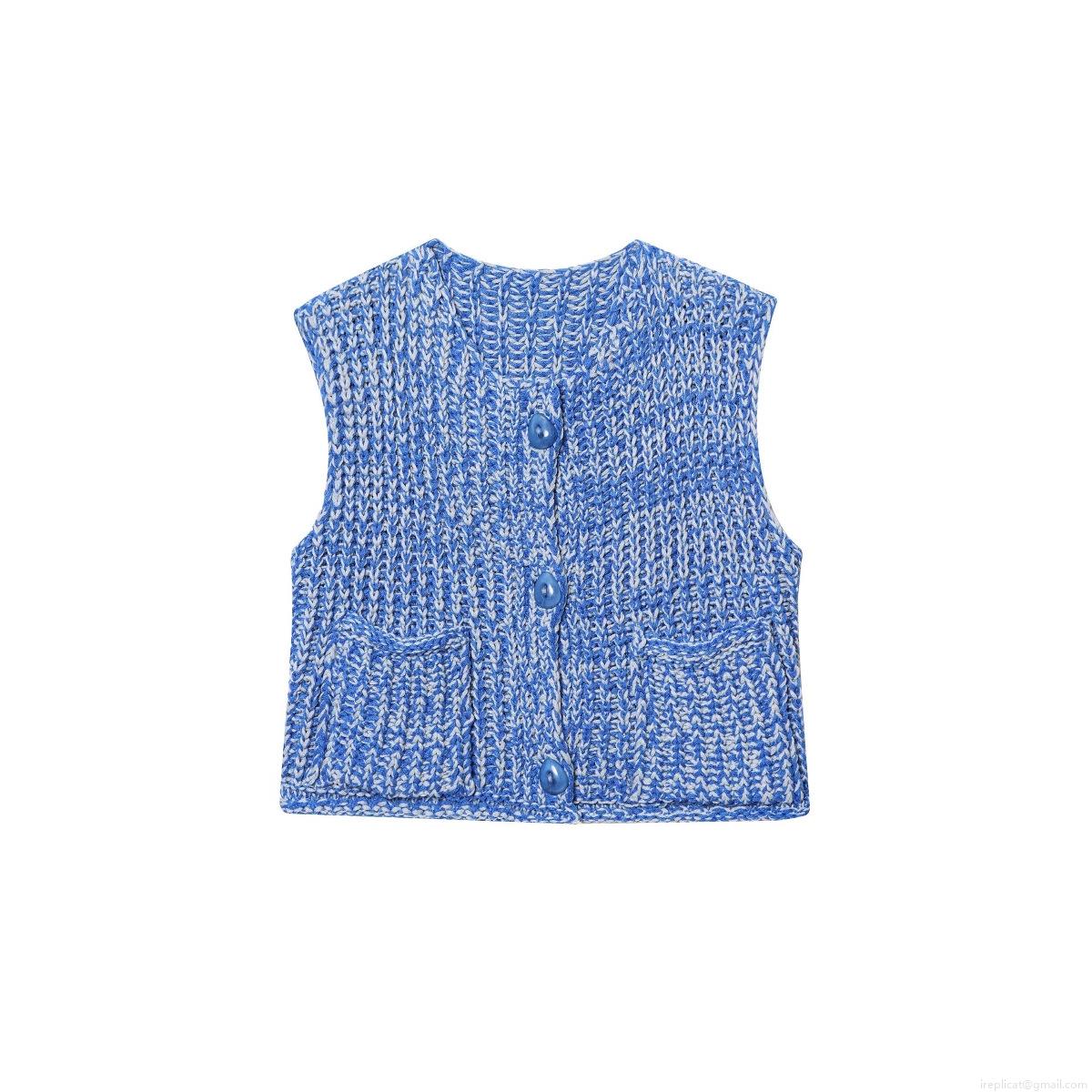 Women Chunky Knit Vest V Neck Button Down Sleeveless Cropped Sweater Top Blue White Mixed Knitted Waistcoat With Two Pockets Casual Streetwear Chic Cardigan