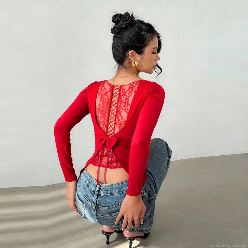French Vintage Women's Sexy Backless Lace T-Shirt Long Sleeve Ribbed Cotton Blend Slim Fit Crop Top With Bow Tie Back Streetwear Party Top