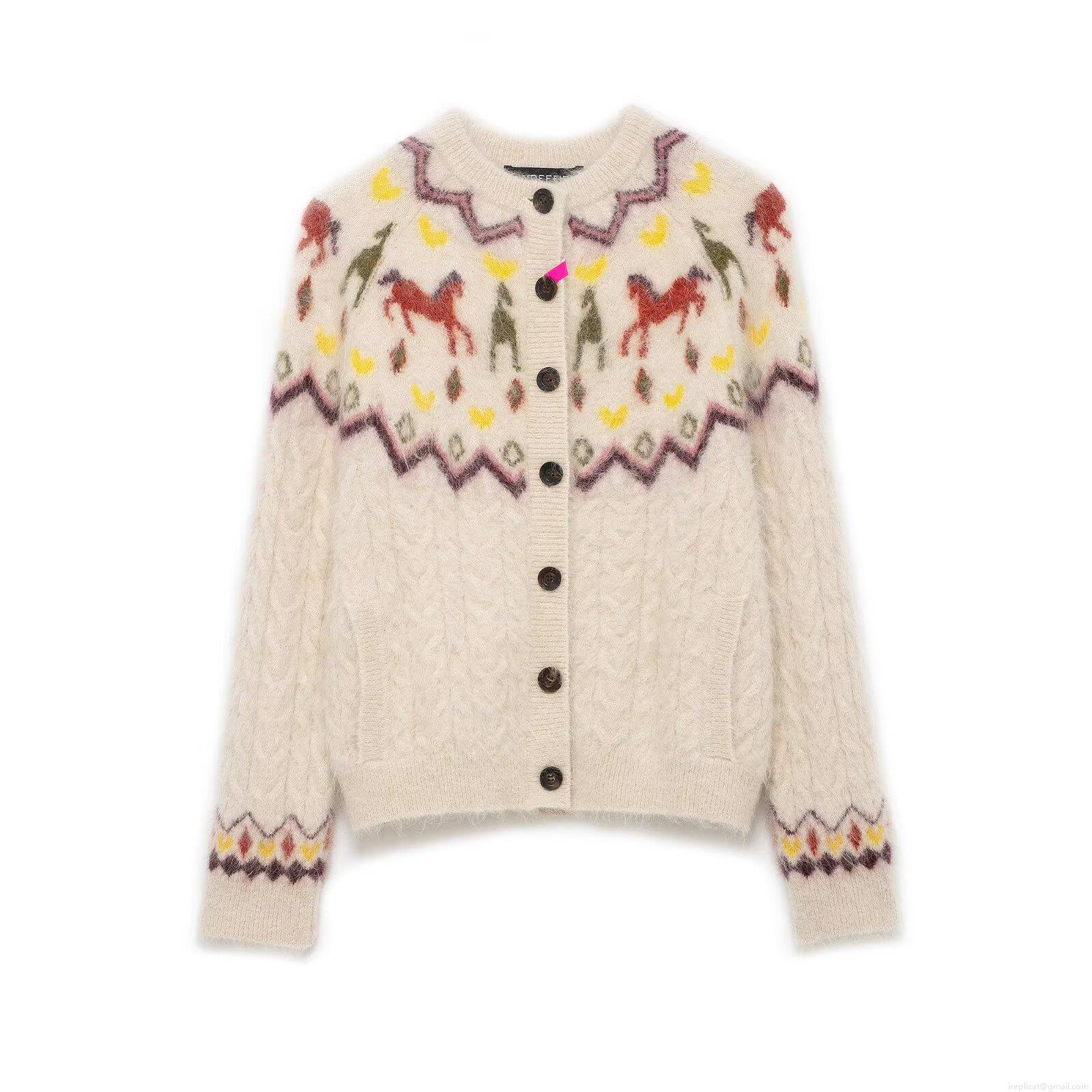 Women's Retro Knitted Cardigan Sweater Fair Isle Horse Pattern Round Neck Long Sleeve Single Breasted Knitwear Top Women Casual Soft Polyester Outerwear