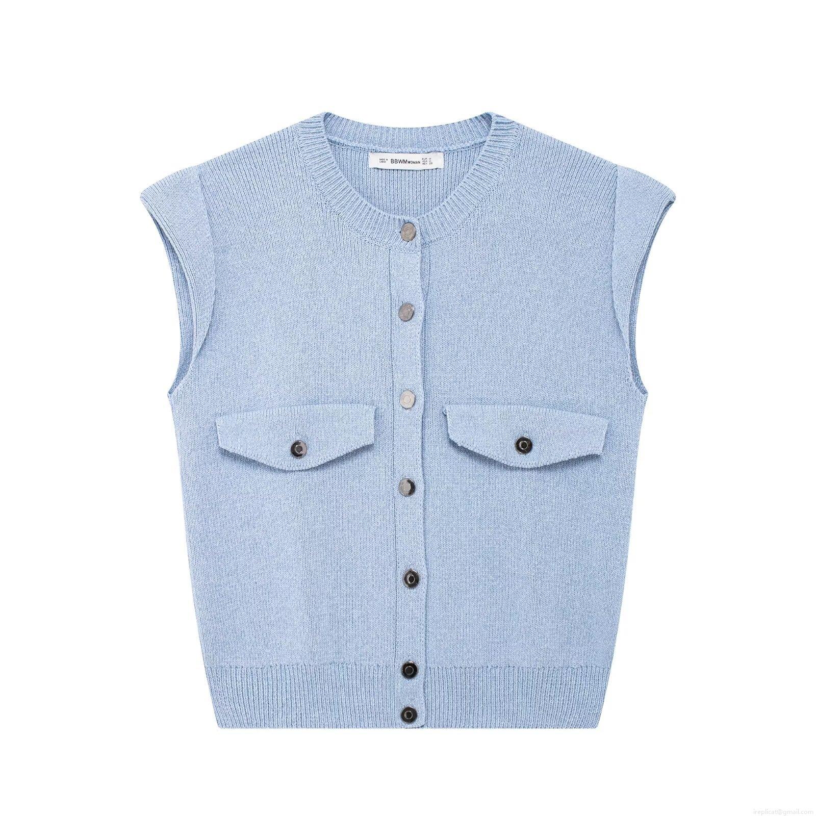 Women's Knit Vest Sky Blue Single Breasted Sleeveless Sweater Top With Pockets Vintage Round Neck Casual Loose Knitwear For Lady