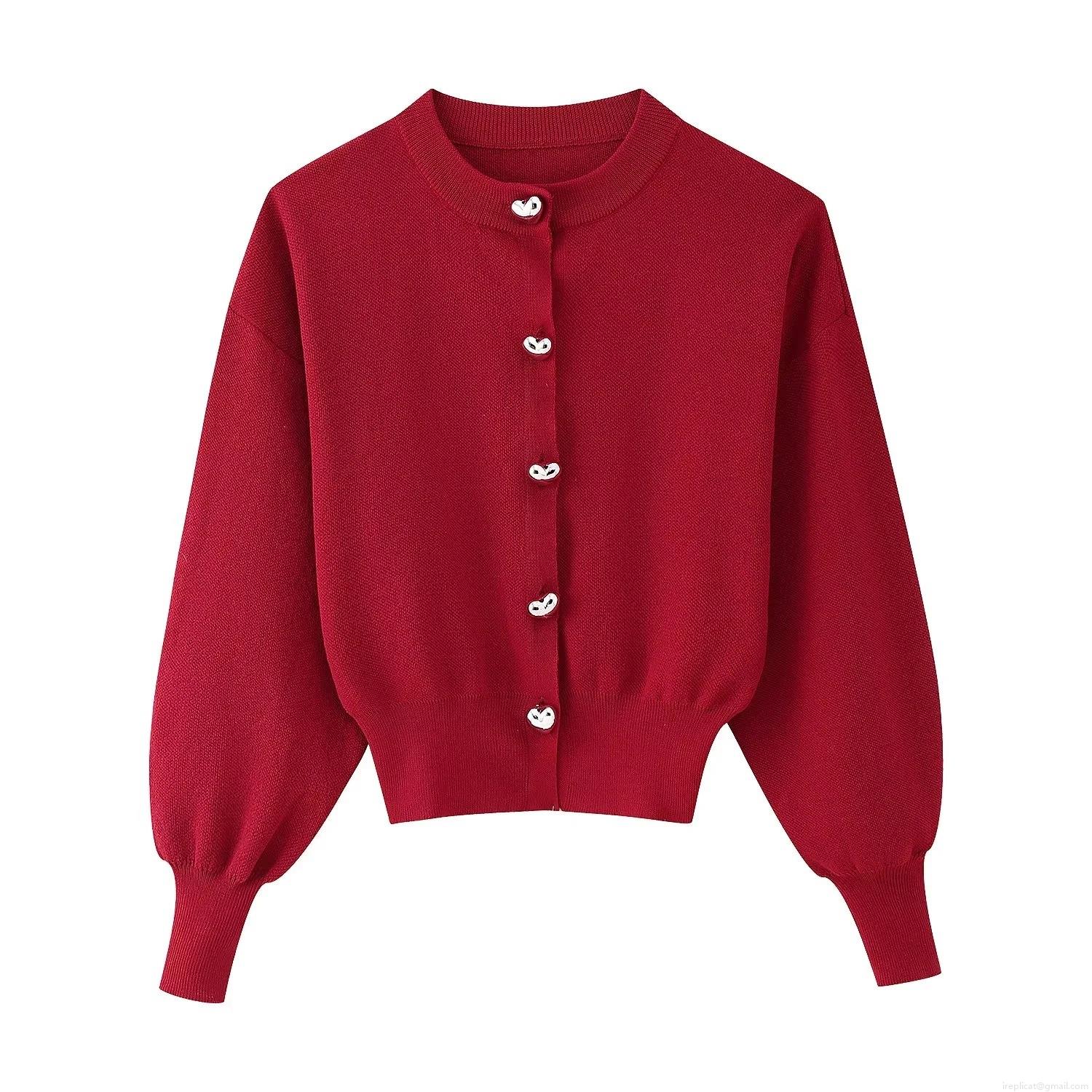 Women's Red Knit Cardigan Sweater With Silver Heart Shaped Buttons Casual Crew Neck Long Sleeve Knitted Polyester Top For Women Streetwear