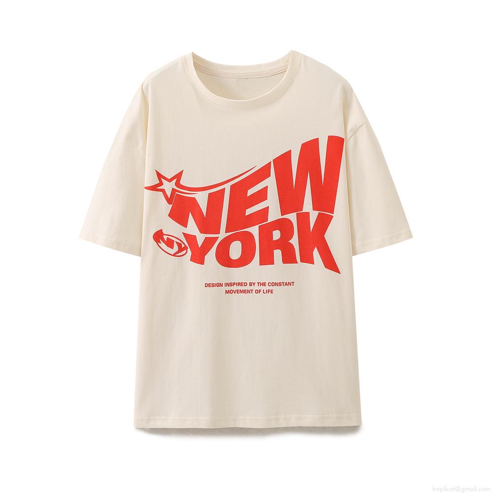 Women's Casual Cotton Blend T-Shirt With New York Letter Print And Star Graphic Loose Fit Crew Neck Short Sleeve Streetwear Top