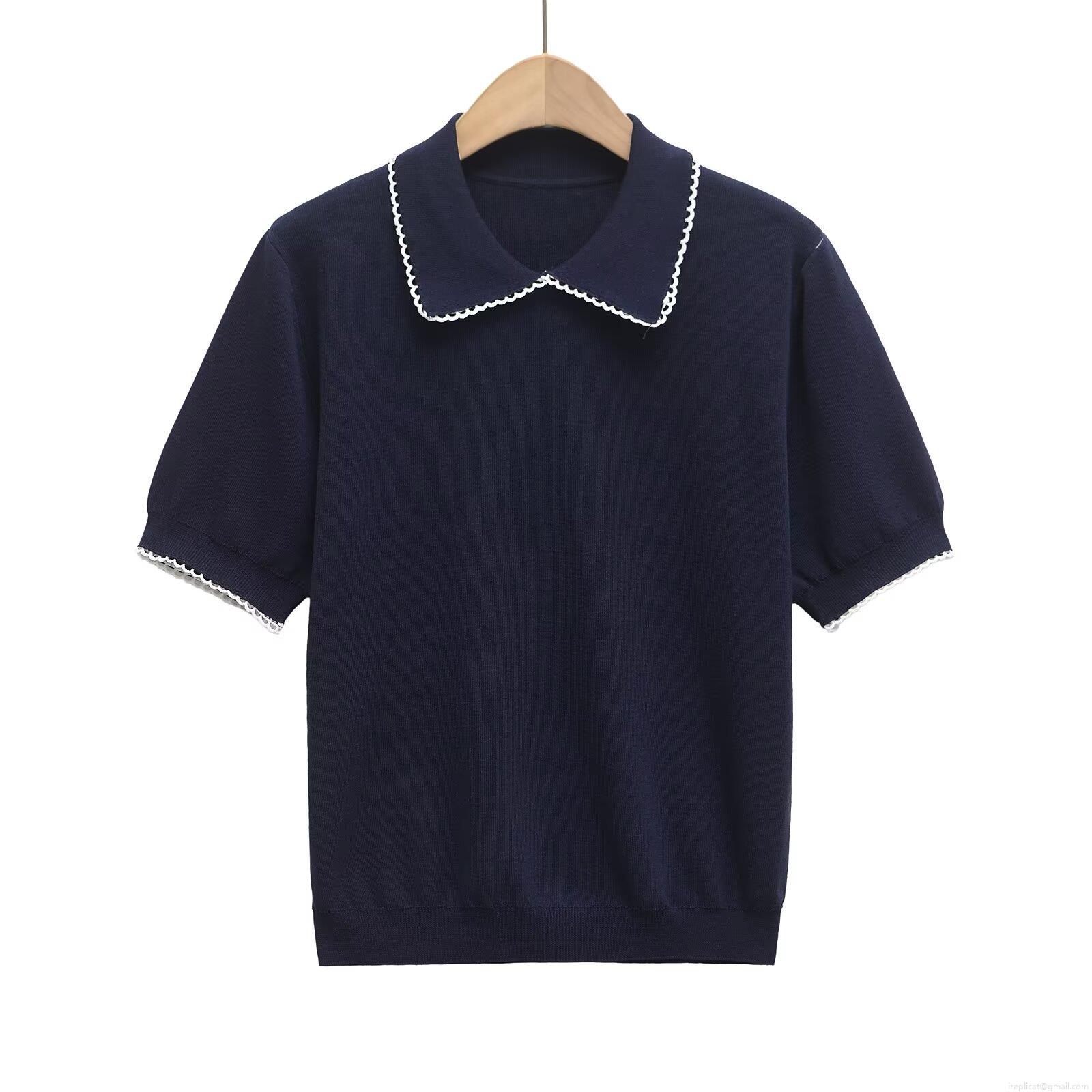 Women's Casual Scalloped Trim Knit T-Shirt Elegant Contrast Wavy Edge Polo Collar Short Sleeve High Elastic Polyester Knitted Top For Daily Wear