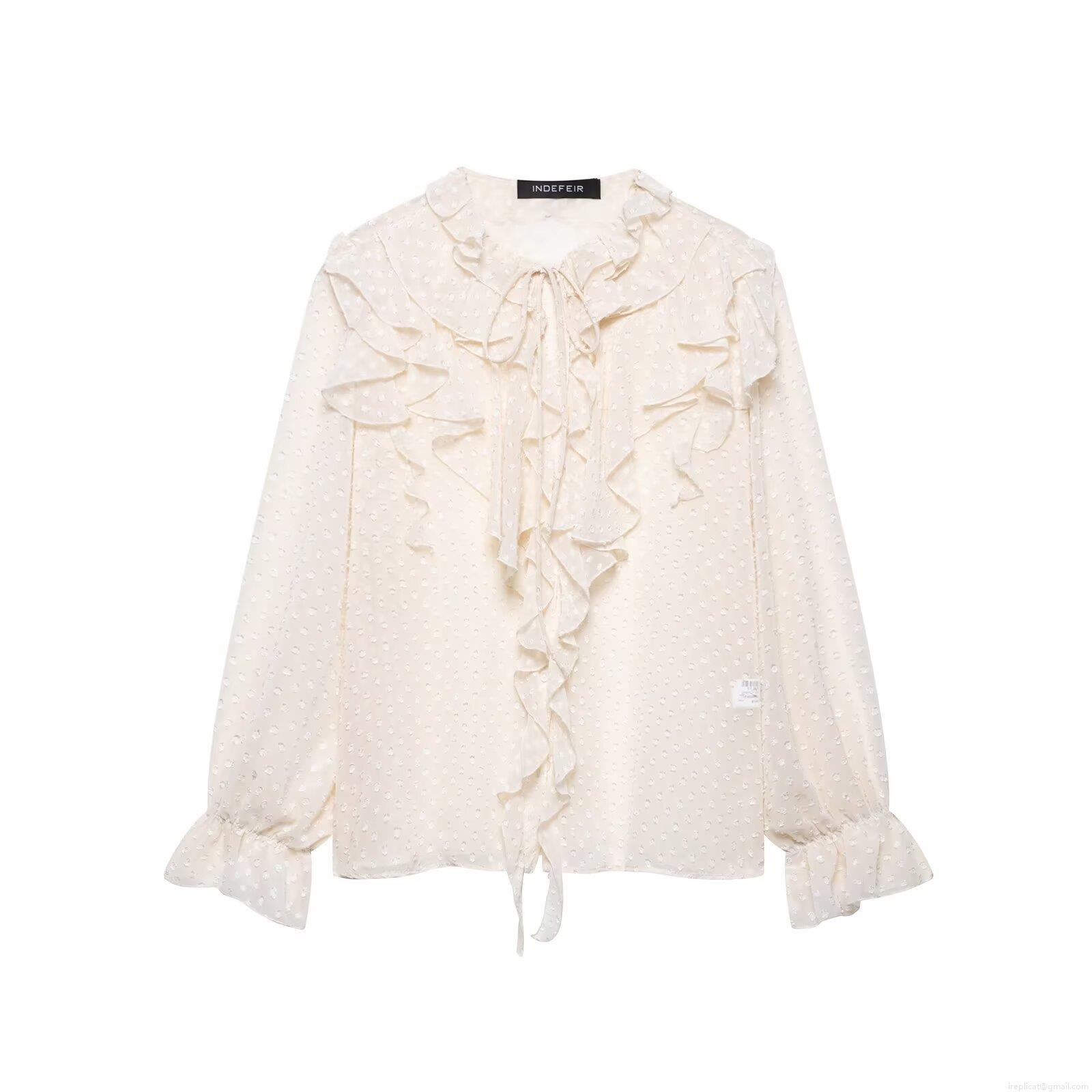 Elegant Swiss Dot Ruffle Chiffon Blouse Women French Style Tie Neck Layered Flounce Long Sleeve Sheer Mesh Shirt Top For Party Daily Wear