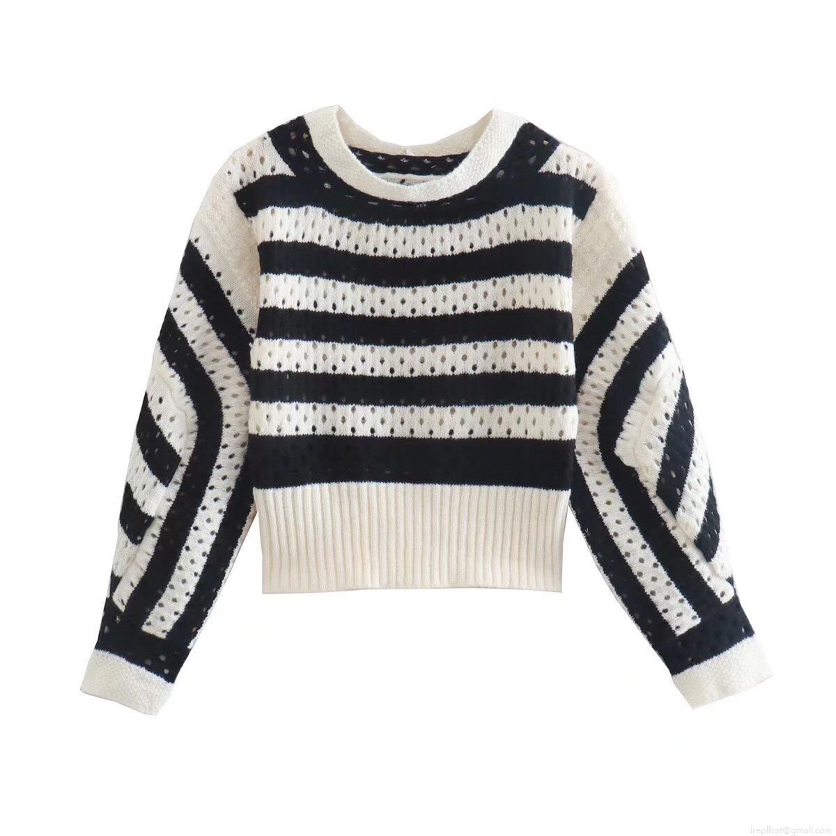Women's French Vintage Hollow Out Striped Knit Sweater 100% Polyester Round Neck Long Sleeve Casual Loose Cropped Pullover Jumper For Streetwear Women