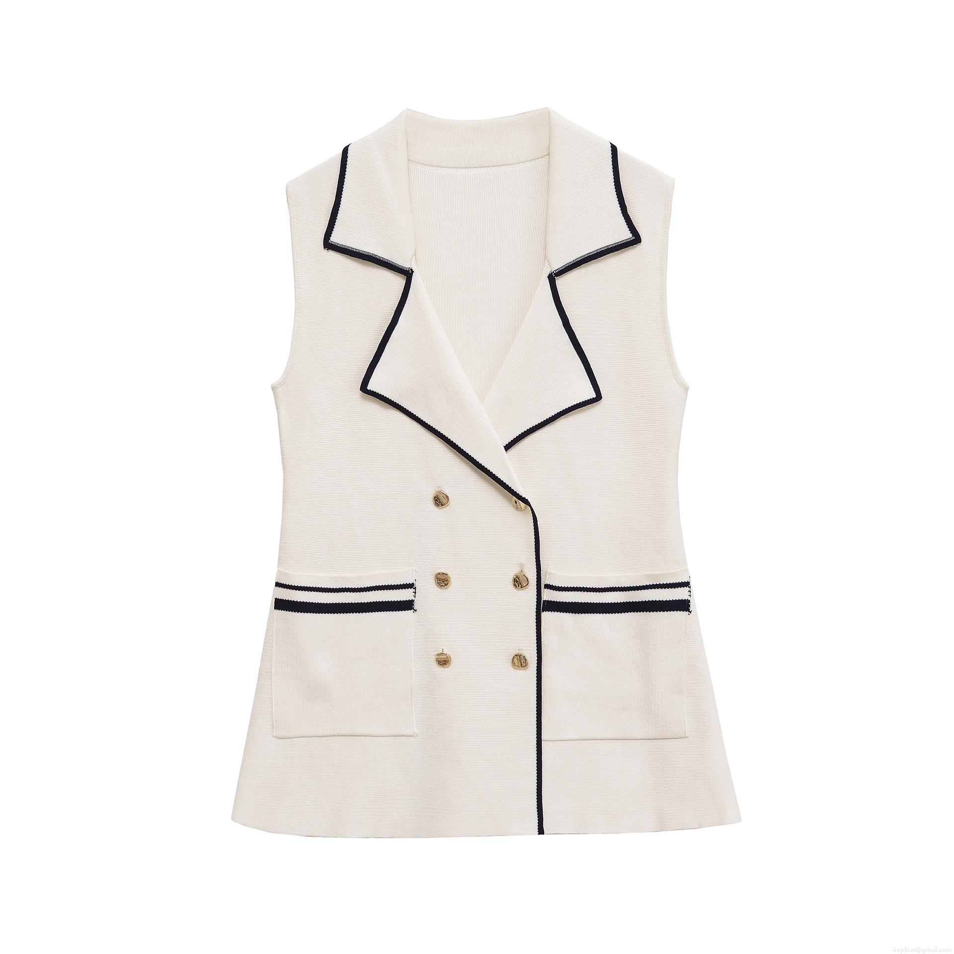 Women Elegant Knitted Vest Sleeveless Suit Lapel Tank Top Contrast Trim Double Breasted Gold Buttons Off-White Knit Waistcoat For Party Office Casual Lady Knitwear