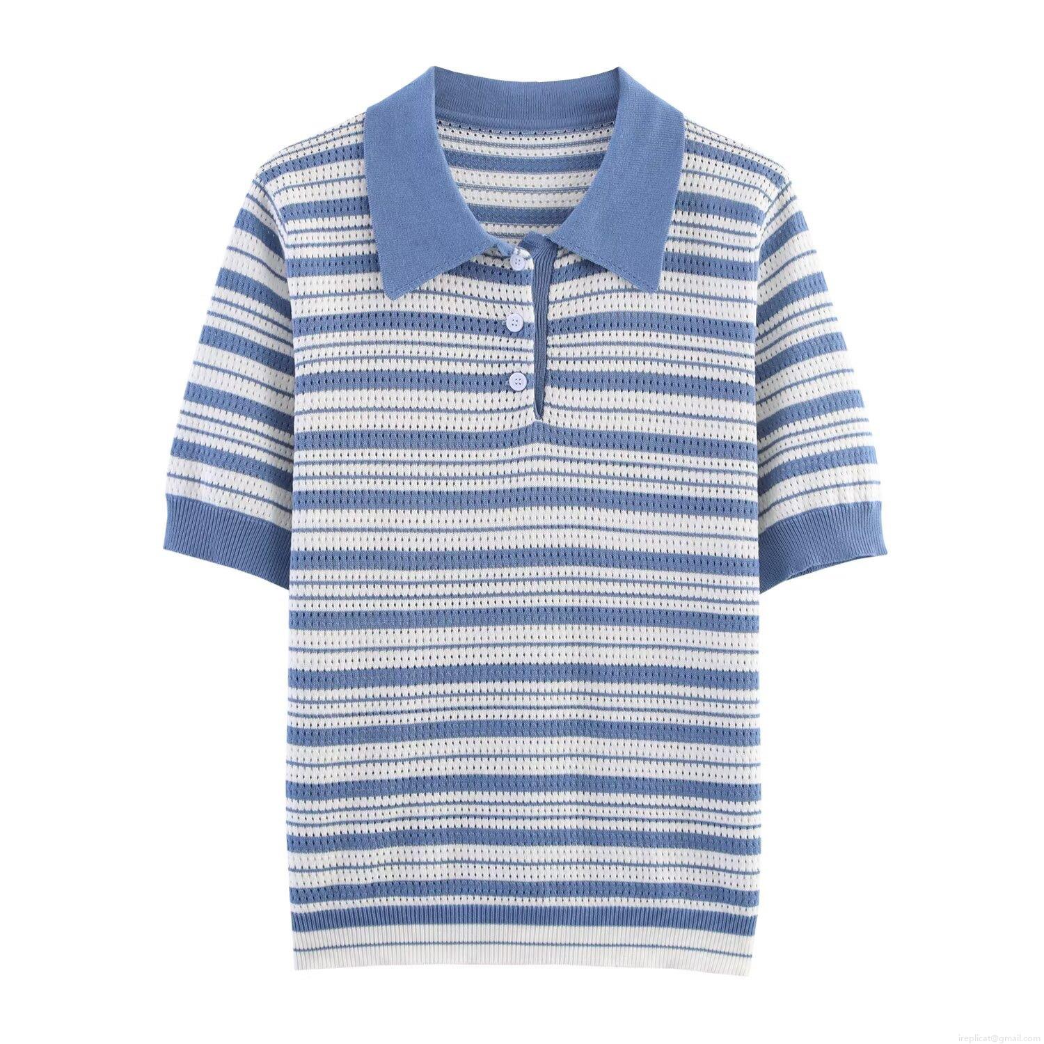 Women Summer Casual Knit Polo Shirt Blue White Striped Pointelle Hollow Out Short Sleeve Button Down Tops For Vacation Daily Wear