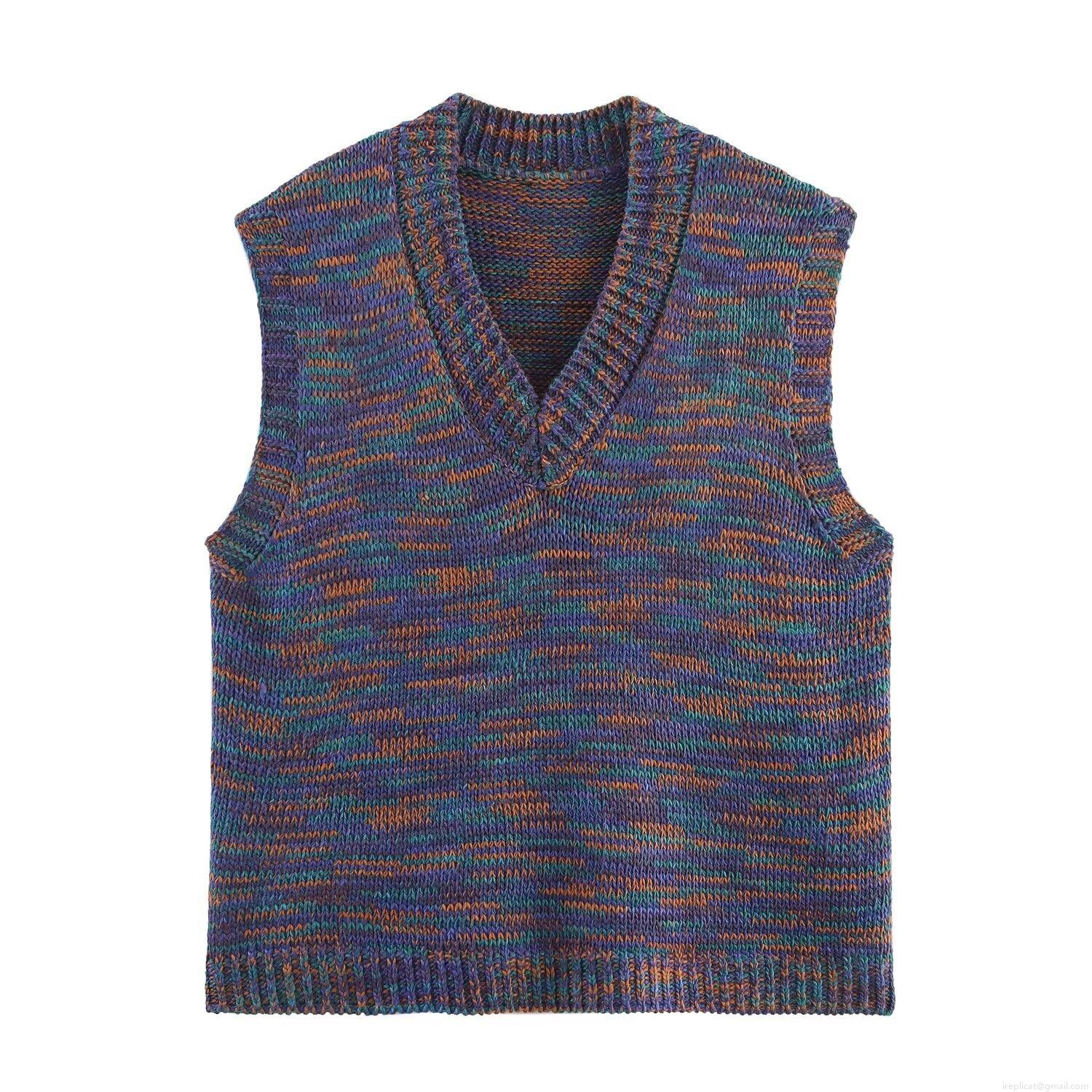 Women's V-Neck Knit Vest Sleeveless Multicolor Space-Dyed Polyester Sweater Ribbed Trim Casual Vintage Tank Top For Women Daily Fashion