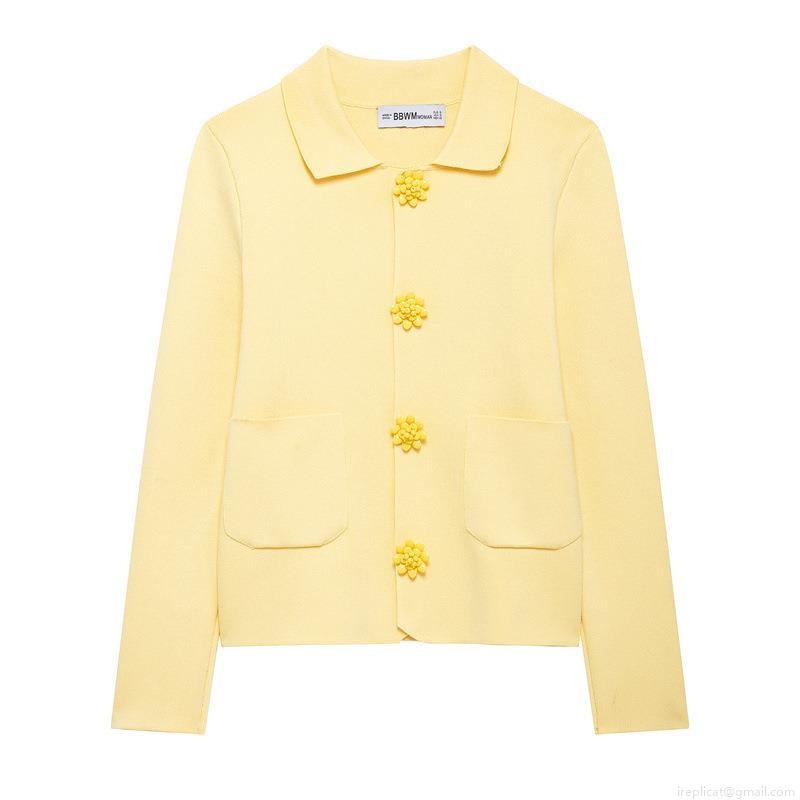 Women Yellow Knit Cardigan Sweater 100% Polyester Lapel Long Sleeve Top With Floral Buttons And Pockets Casual Sweet Style Spring Autumn Daily Wear