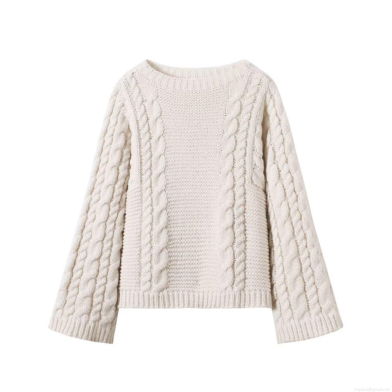 Women's Casual Cable Knit Sweater Round Neck Long Sleeve Loose Fit Pullover 100% Polyester Warm Knitwear Top Cream