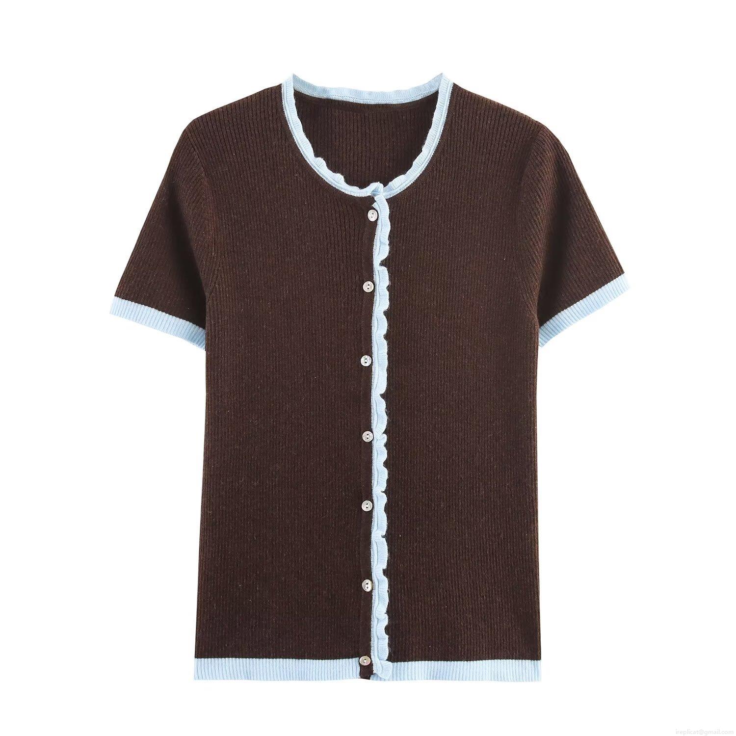 Women's Color-block Knitted Cardigan Short Sleeve Round Neck Button Down Sweater Top With Lettuce Edge Trim Polyester Knit Casual Chic Outerwear For Women