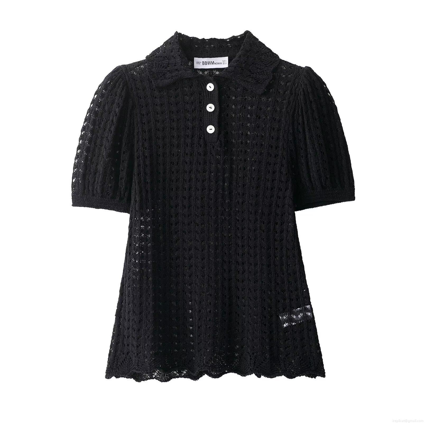 Women's Hollow Out Knitted Polo Shirt Short Sleeve Puff Sleeve Top Casual Black Crochet Polyester T-Shirt For Women Daily Streetwear Comfort Tee
