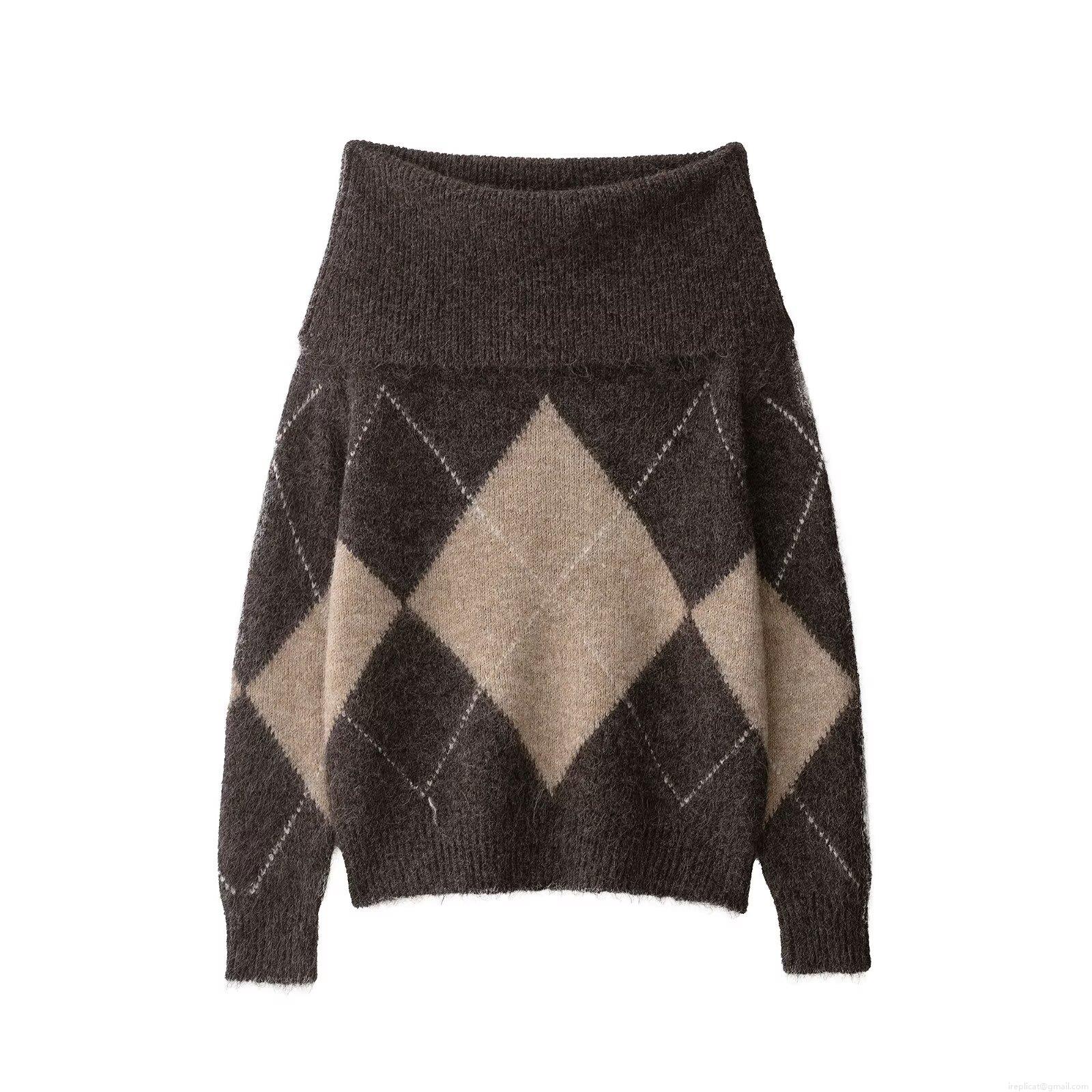 Women's Vintage Argyle Knit Sweater Off Shoulder Cowl Neck Fuzzy Mohair Like 100% Polyester Pullover Loose Long Sleeve Jumper Retro Autumn Winter Casual Warm Tops