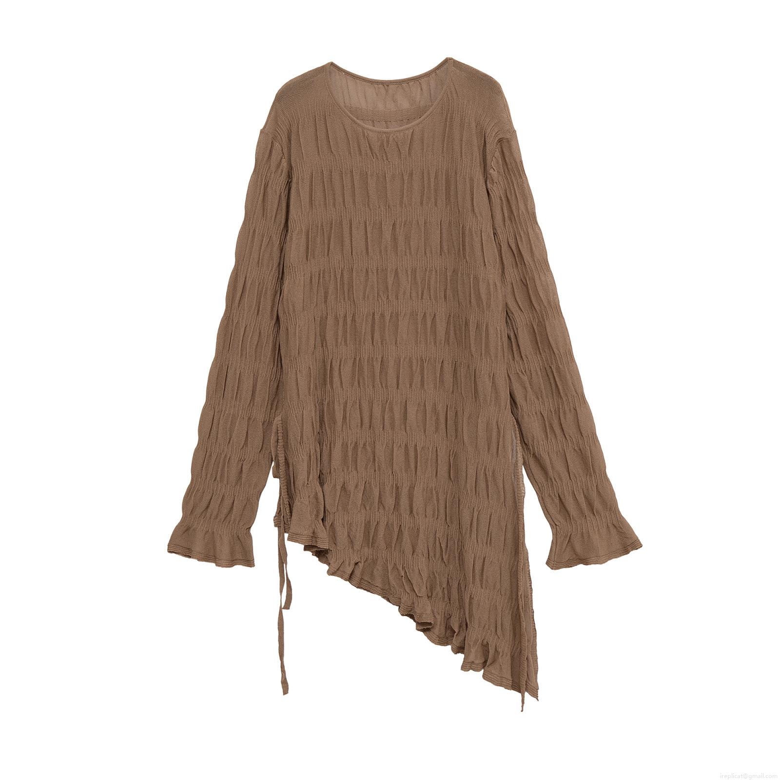 Women's Elegant Solid Brown Pleated Mini Dress Long Sleeve Round Neck Asymmetric Hem Side Drawstring Ruched T-Shirt Top For Casual Vacation Party