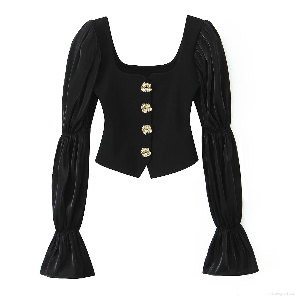 Women Square Neck Long Sleeve Top Elegant Satin Puff Sleeve Patchwork Blouse With Golden Rose Buttons Slim Fit Black Fashion Streetwear Apparel