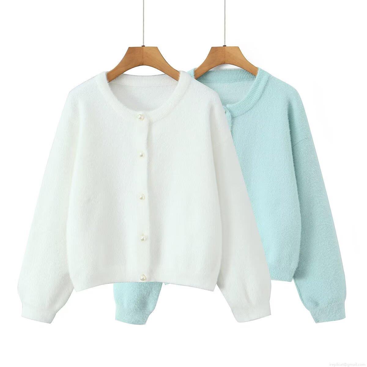 Women's Fashion Pearl Button Thick Cardigan Sweater Soft Faux Mink Fur Round Neck Long Sleeve Knitwear Loose Solid Color Warm Sweater Coat