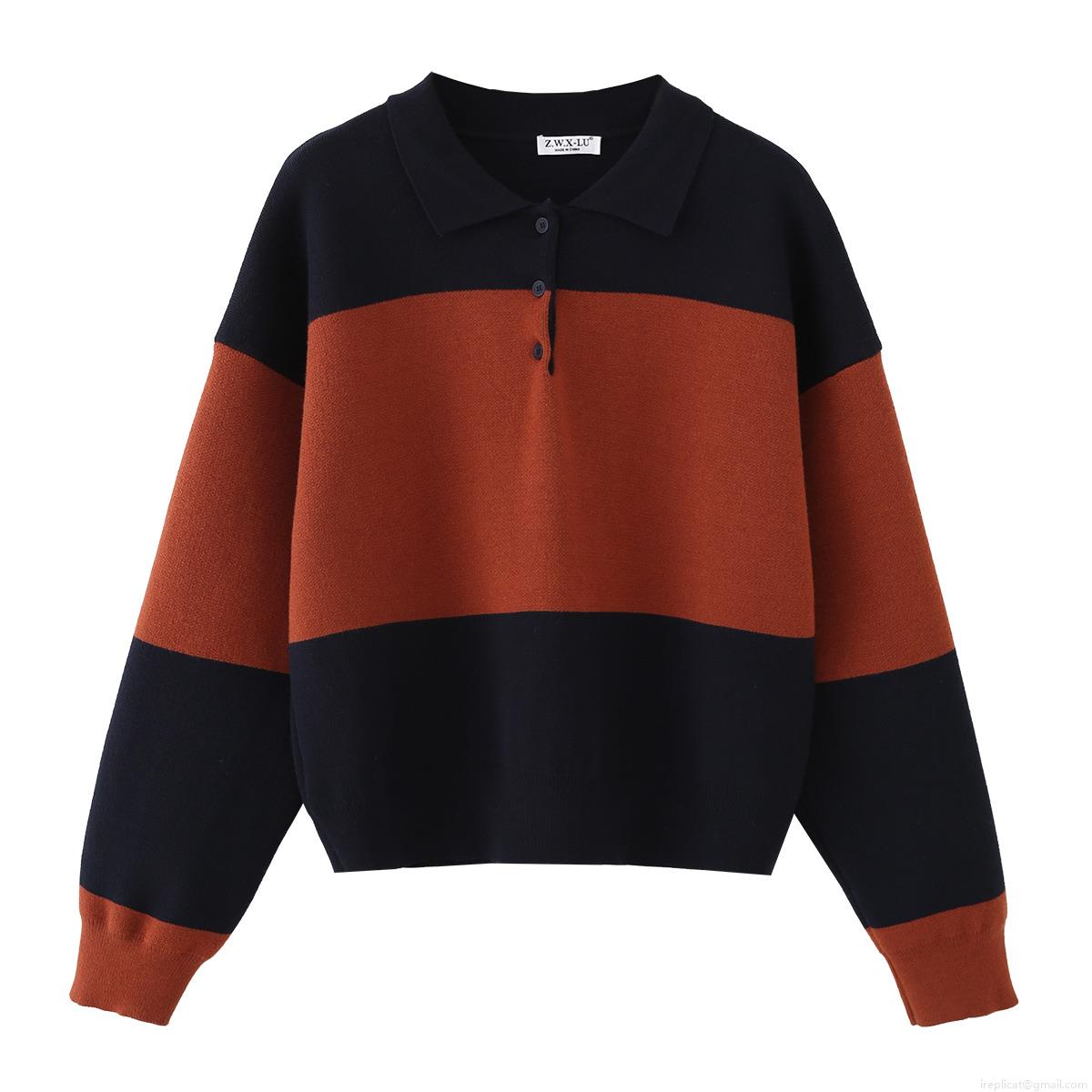 Women's Striped Color Block Knitted Polo Sweater Casual Long Sleeve Core Spun Yarn Knit Top Fashionable Chic Daily Wear Pullover