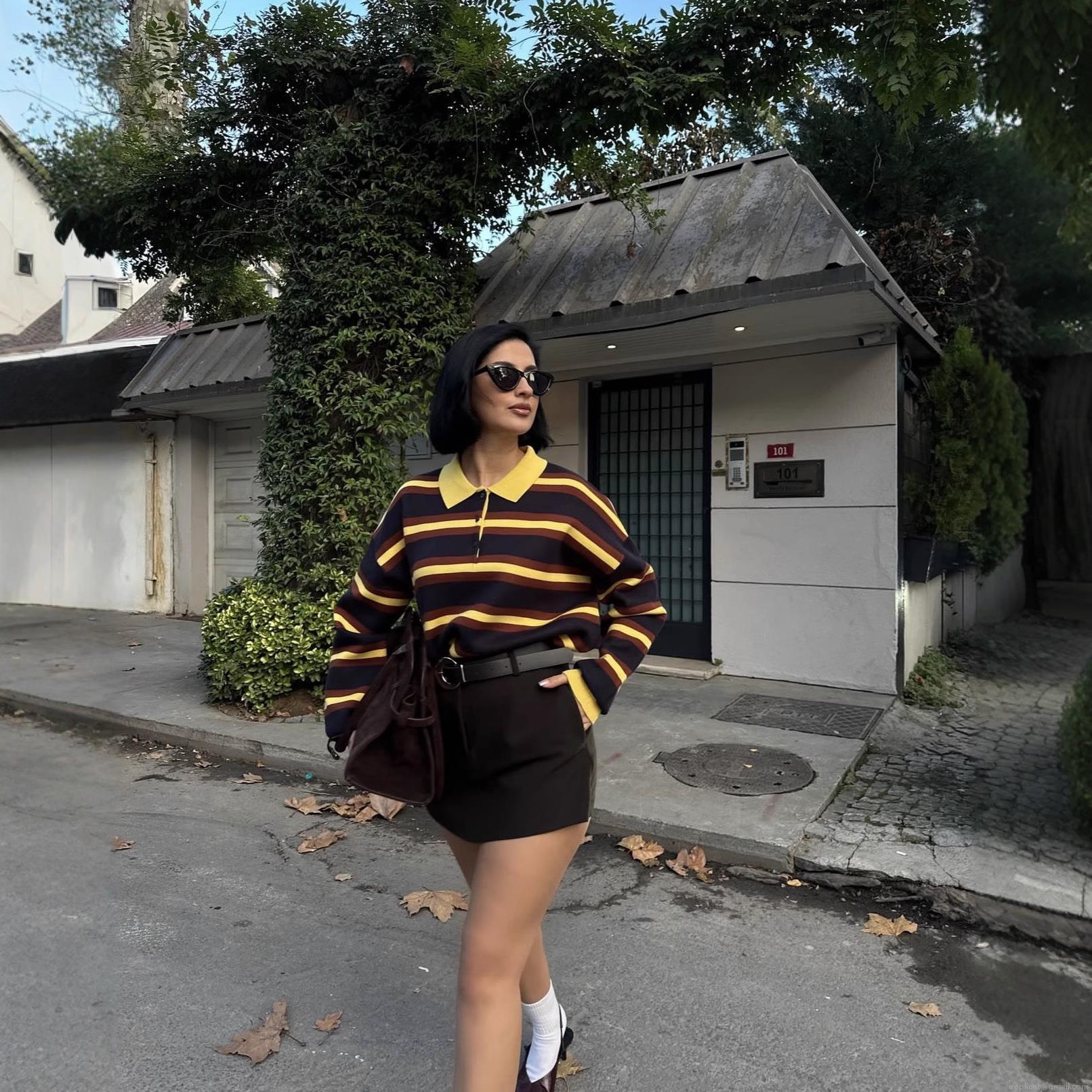 Women's Retro Striped Knit Polo Shirt Long Sleeve Lapel Button Up Loose Pullover Casual Streetwear Top for Autumn Winter