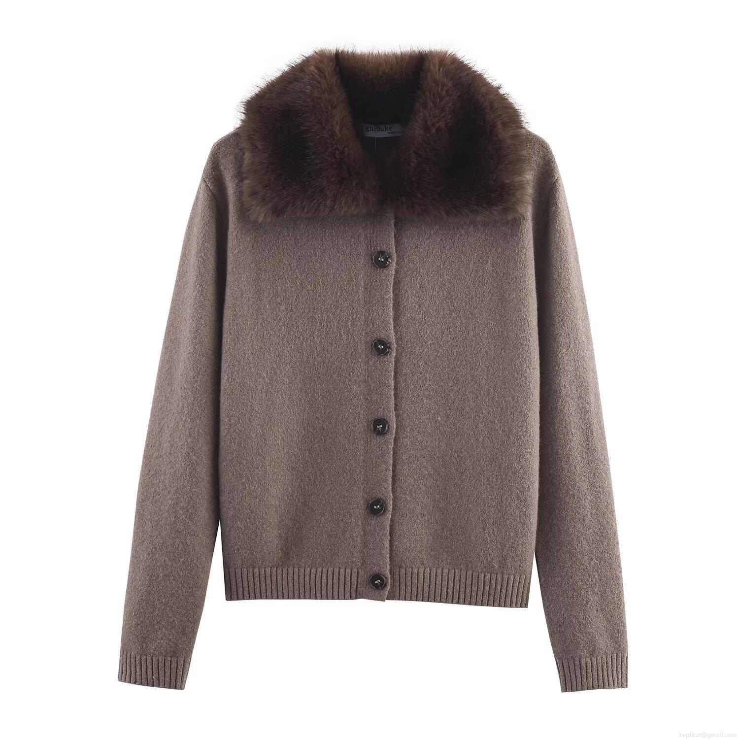 Women's Elegant Knitted Cardigan Jacket With Faux Fur Collar Button Up Khaki Long Sleeve Short Sweater Coat For Autumn Winter Daily Wear