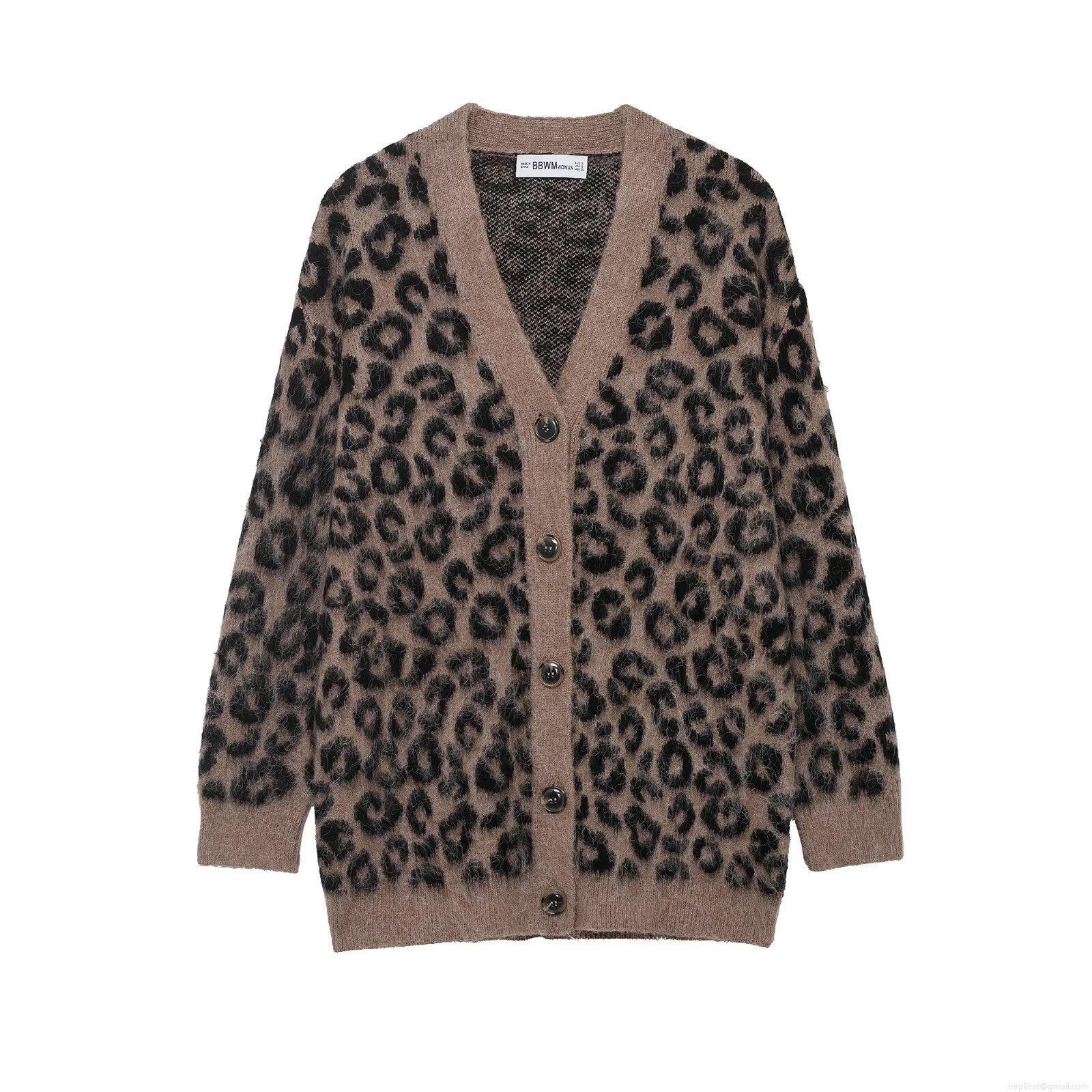 Women's French Vintage Leopard Print Knit Cardigan V-Neck Long Sleeve Button Up Loose Sweater Soft Casual Polyester Outerwear Warm Top For Spring Fall Winter