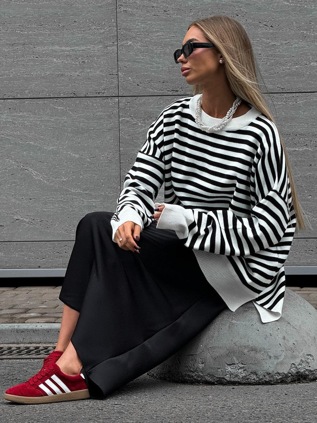 Women's Striped Knit Sweater Cotton Blend Oversized Long Sleeve Round Neck Pullover Streetwear Autumn Winter Loose Casual Striped Jumper For Women
