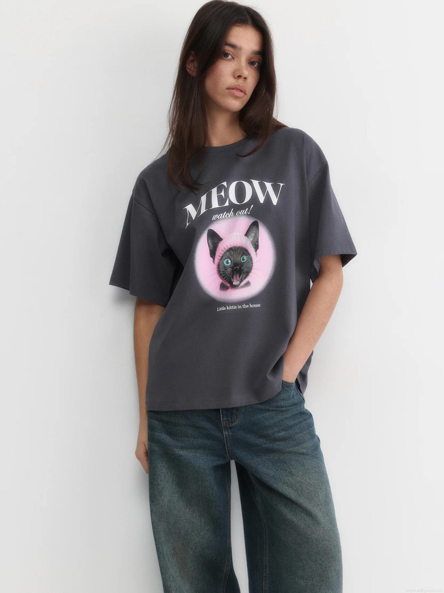 Women's Oversized Cotton T-Shirt Funny Cat Graphic Letter Print Short Sleeve Round Neck Summer Casual Streetwear Tee Top